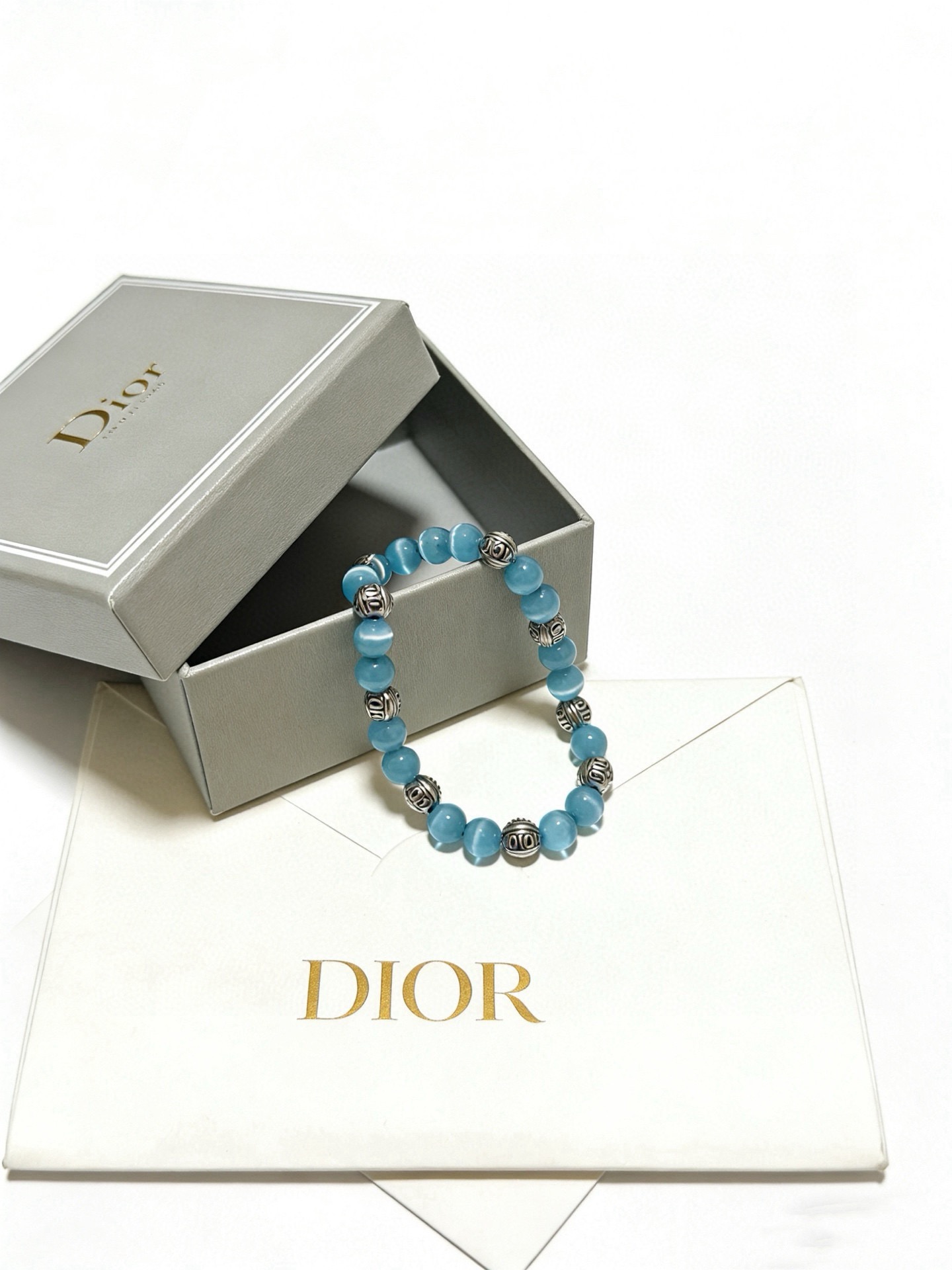 Dior Beaded Stretch Bracelet bracelet Antique silver-tone metal with light sky blue cat s eye beads 18cm