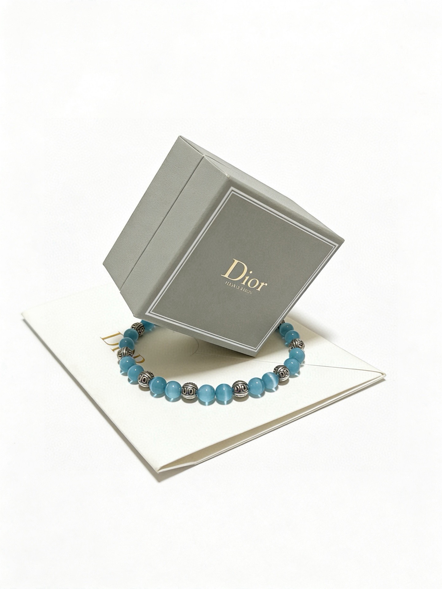 Dior Beaded Stretch Bracelet bracelet Antique silver-tone metal with light sky blue cat s eye beads 18cm