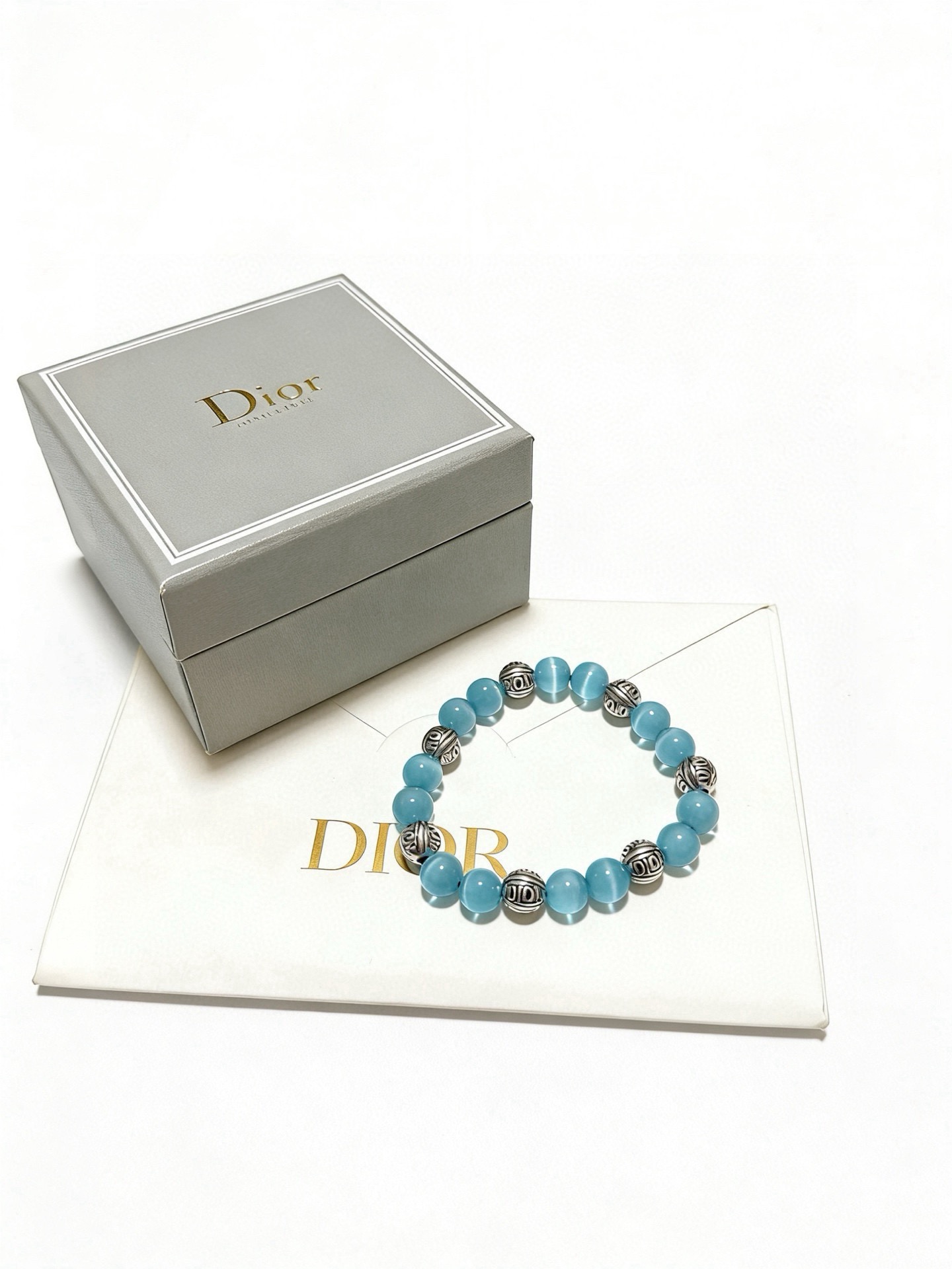 Dior Beaded Stretch Bracelet bracelet Antique silver-tone metal with light sky blue cat s eye beads 18cm