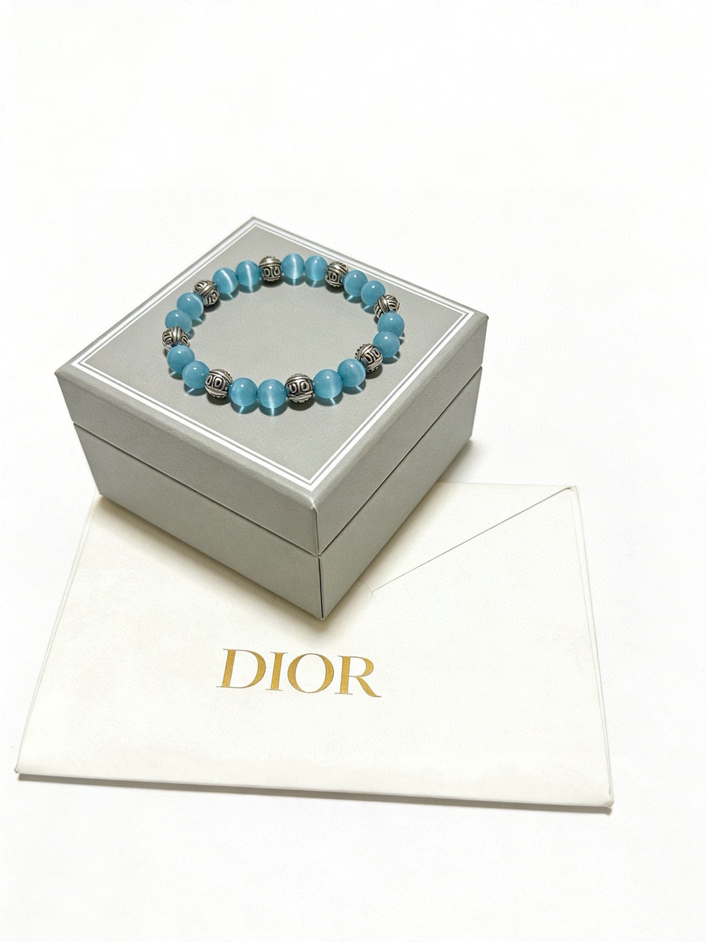 Dior Beaded Stretch Bracelet bracelet Antique silver-tone metal with light sky blue cat s eye beads 18cm