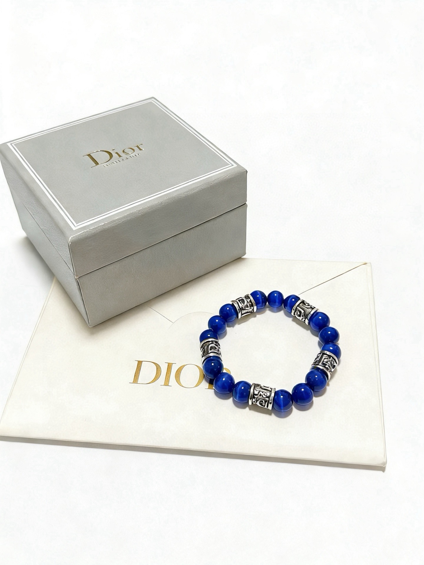 Dior Oblique Beaded Bracelet bracelet Antique silver-tone metal deep blue cat s eye stone beads 19cm