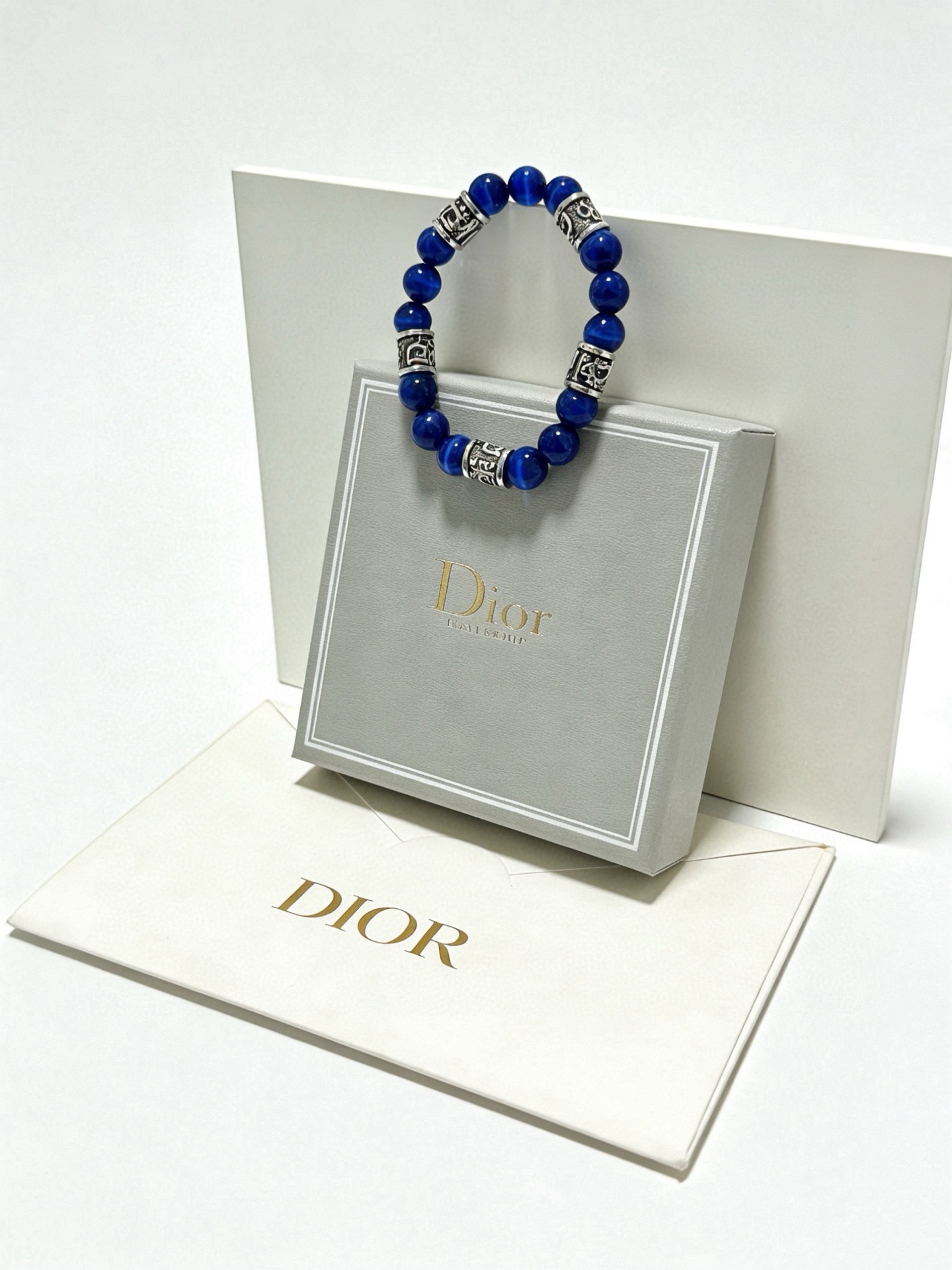Dior Oblique Beaded Bracelet bracelet Antique silver-tone metal deep blue cat s eye stone beads 19cm