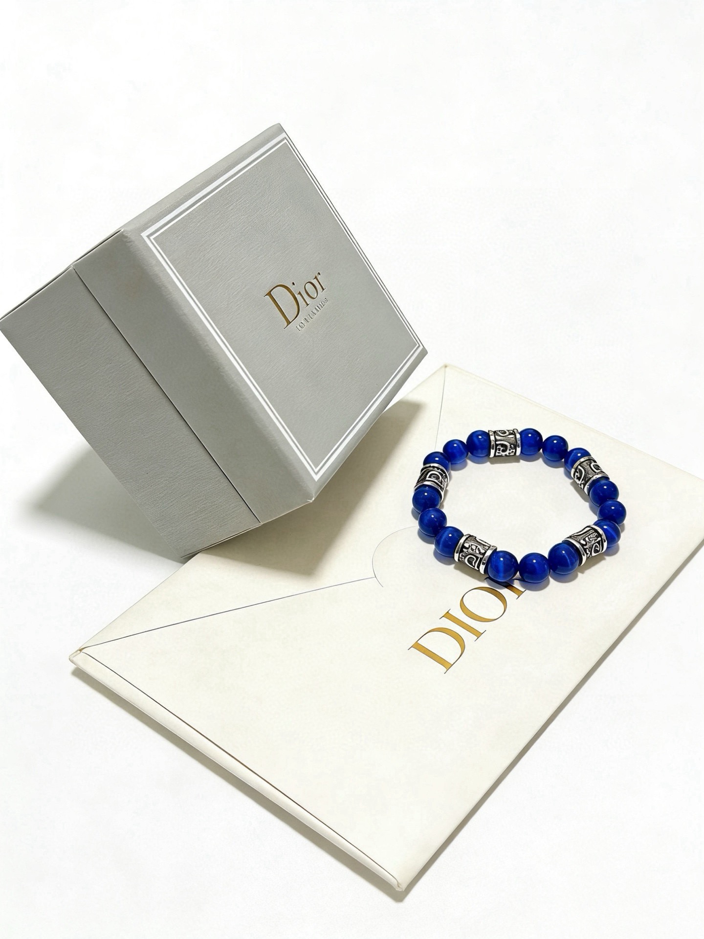 Dior Oblique Beaded Bracelet bracelet Antique silver-tone metal deep blue cat s eye stone beads 19cm