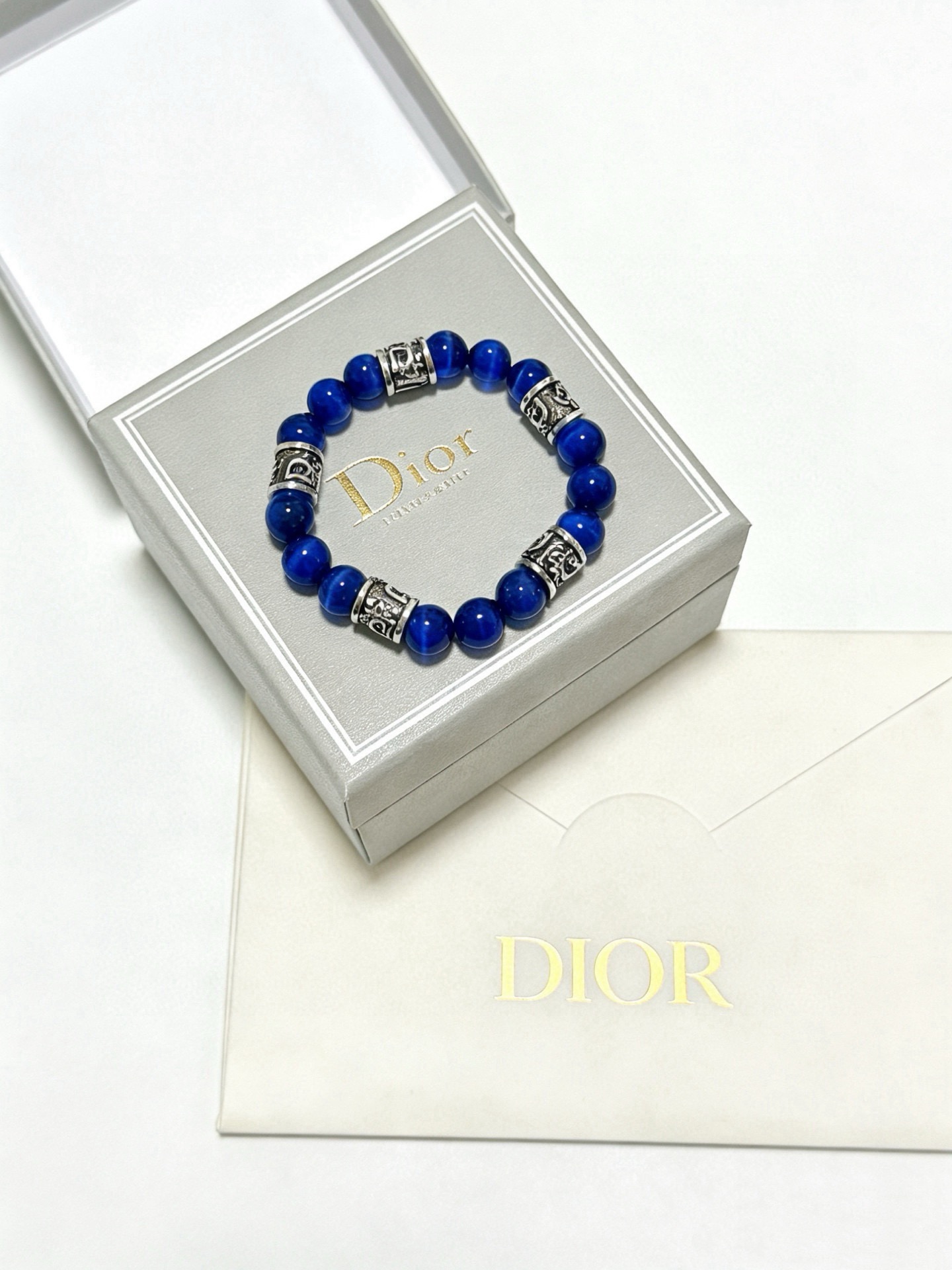 Dior Oblique Beaded Bracelet bracelet Antique silver-tone metal deep blue cat s eye stone beads 19cm