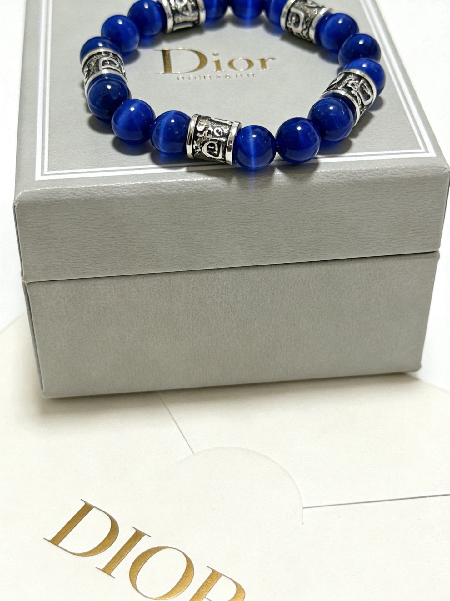 Dior Oblique Beaded Bracelet bracelet Antique silver-tone metal deep blue cat s eye stone beads 19cm