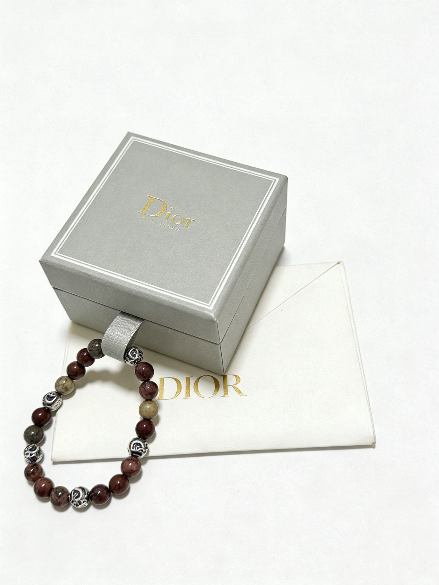 Dior Beaded Logo Charm Bracelet bracelet Silver-toned metal with mixed red-brown taupe and beige natural stone beads 19cm