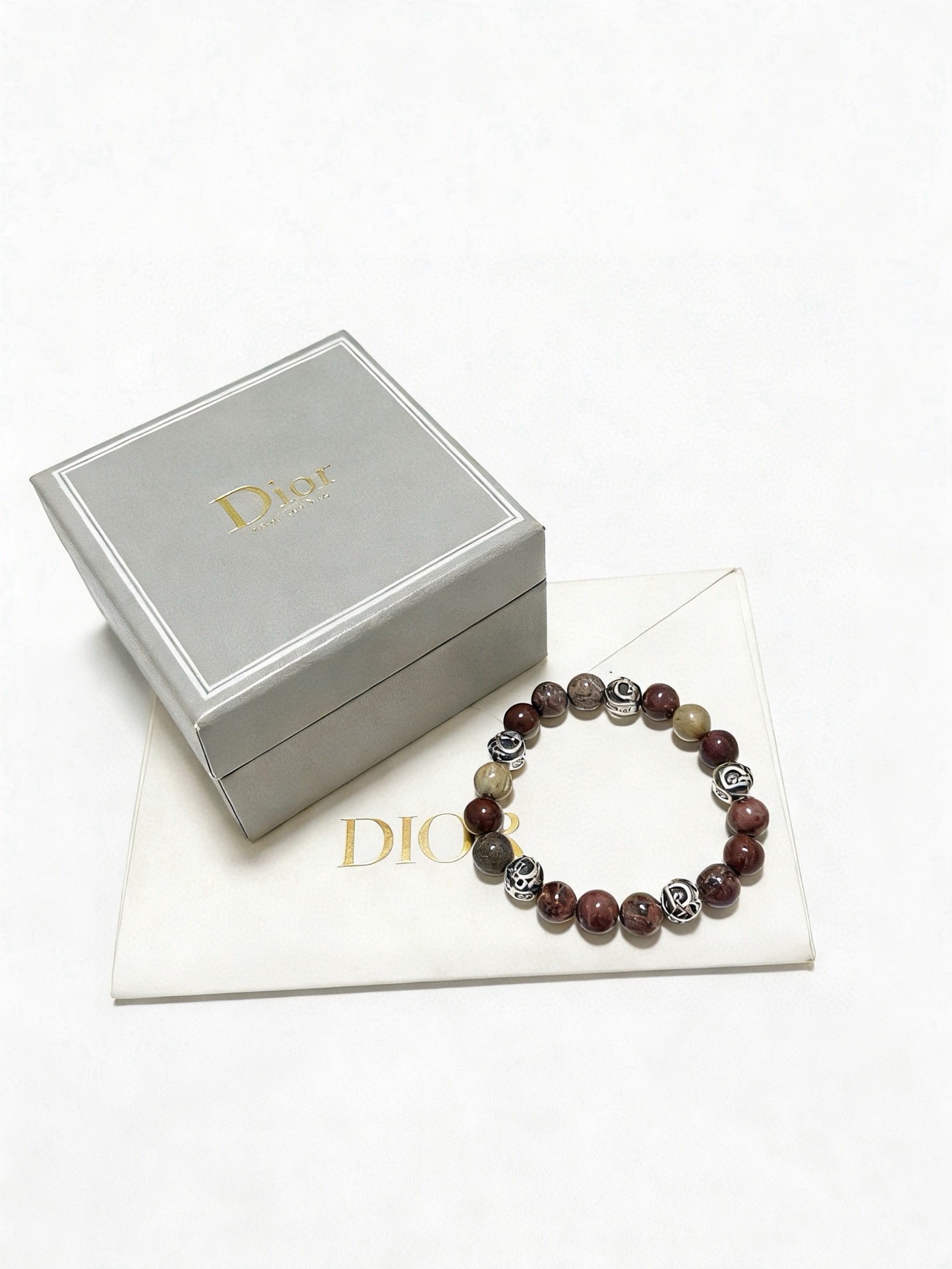 Dior Beaded Logo Charm Bracelet bracelet Silver-toned metal with mixed red-brown taupe and beige natural stone beads 19cm