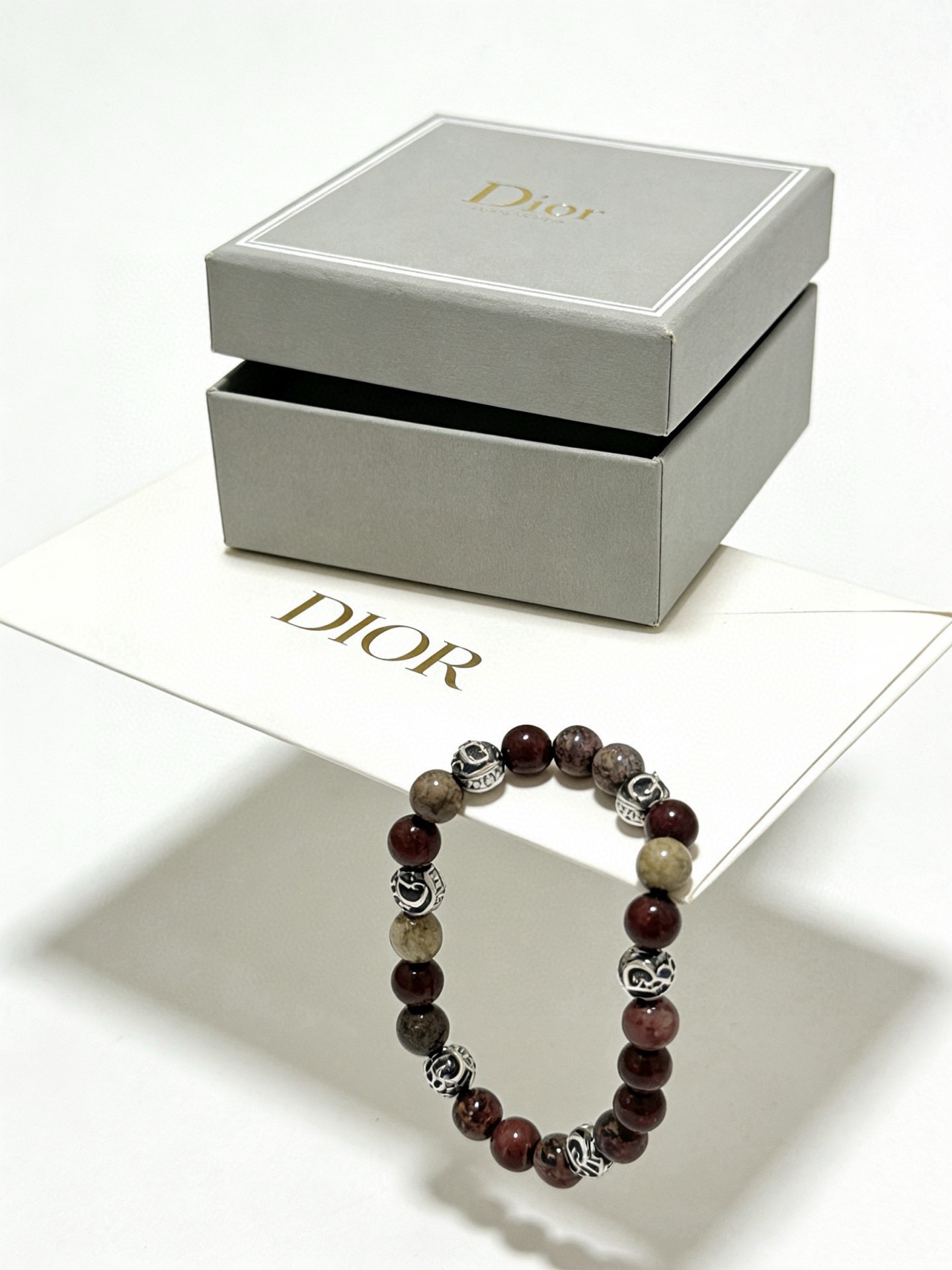 Dior Beaded Logo Charm Bracelet bracelet Silver-toned metal with mixed red-brown taupe and beige natural stone beads 19cm