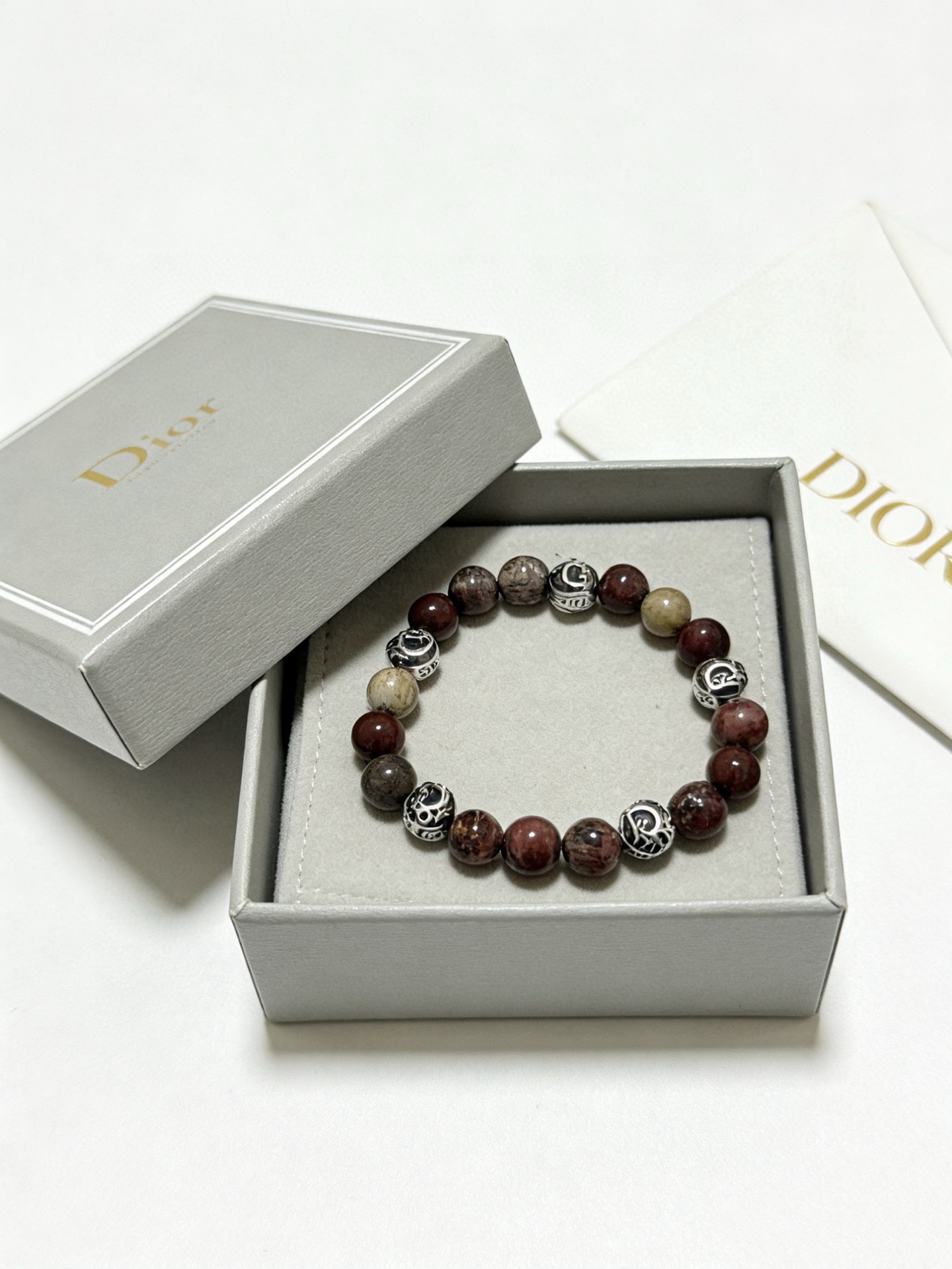 Dior Beaded Logo Charm Bracelet bracelet Silver-toned metal with mixed red-brown taupe and beige natural stone beads 19cm