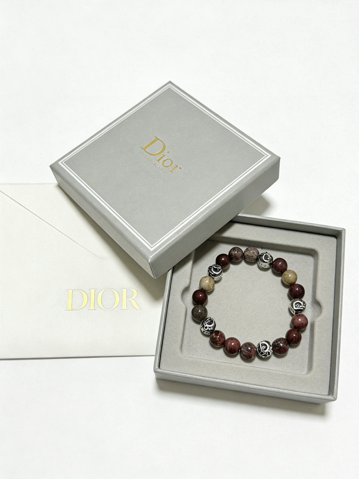Dior Beaded Logo Charm Bracelet bracelet Silver-toned metal with mixed red-brown taupe and beige natural stone beads 19cm