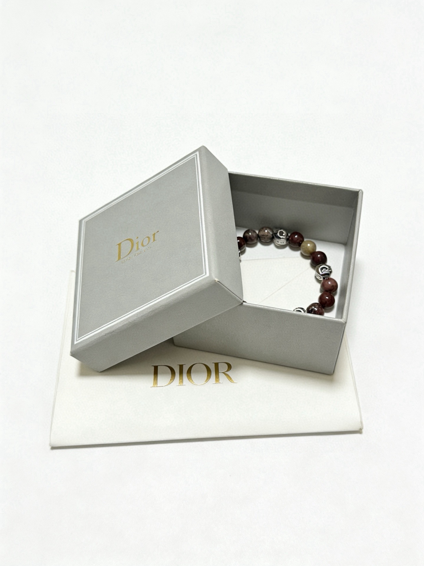 Dior Beaded Logo Charm Bracelet bracelet Silver-toned metal with mixed red-brown taupe and beige natural stone beads 19cm