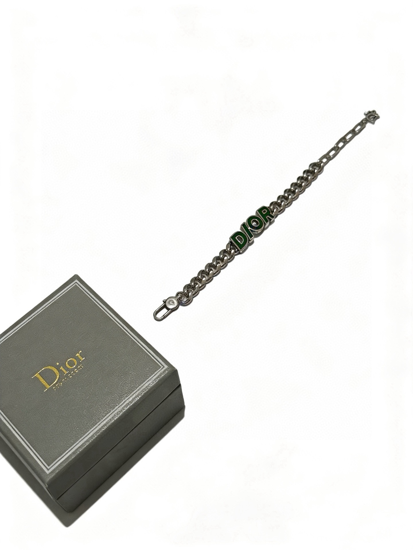 Dior DIOR Logo Enamel Curb Chain Bracelet bracelet Silver-toned metal with dark green enamel lettering 21cm