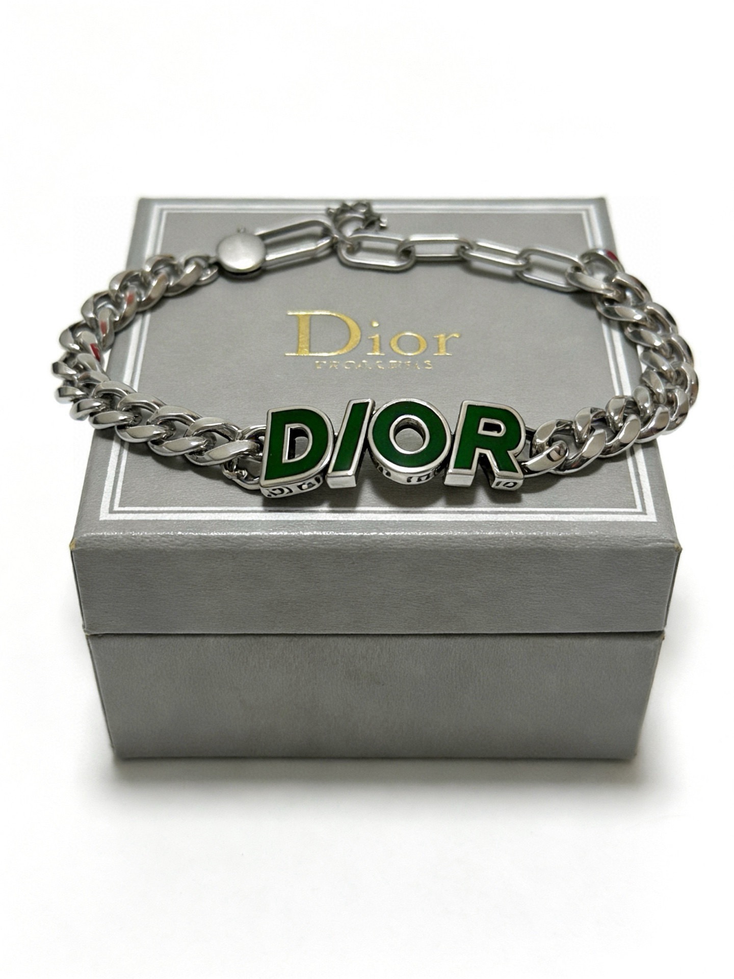 Dior DIOR Logo Enamel Curb Chain Bracelet bracelet Silver-toned metal with dark green enamel lettering 21cm
