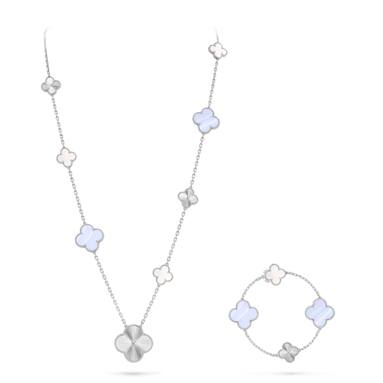 Van Cleef Arpels Magic Alhambra necklace White gold with white mother-of-pearl and chalcedony 82cm