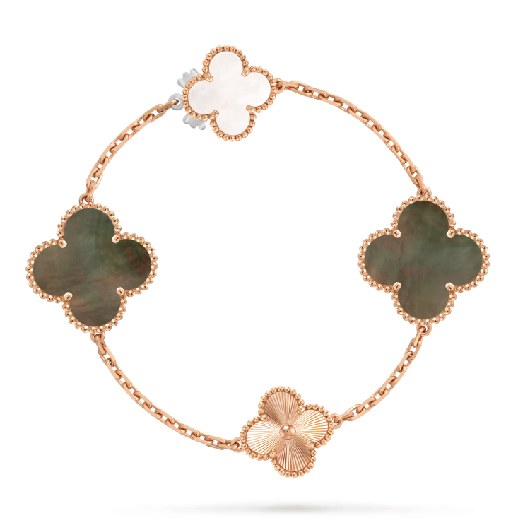 Van Cleef Arpels Alhambra bracelet White gold with white mother-of-pearl chalcedony and guilloche white gold clover motifs 19cm