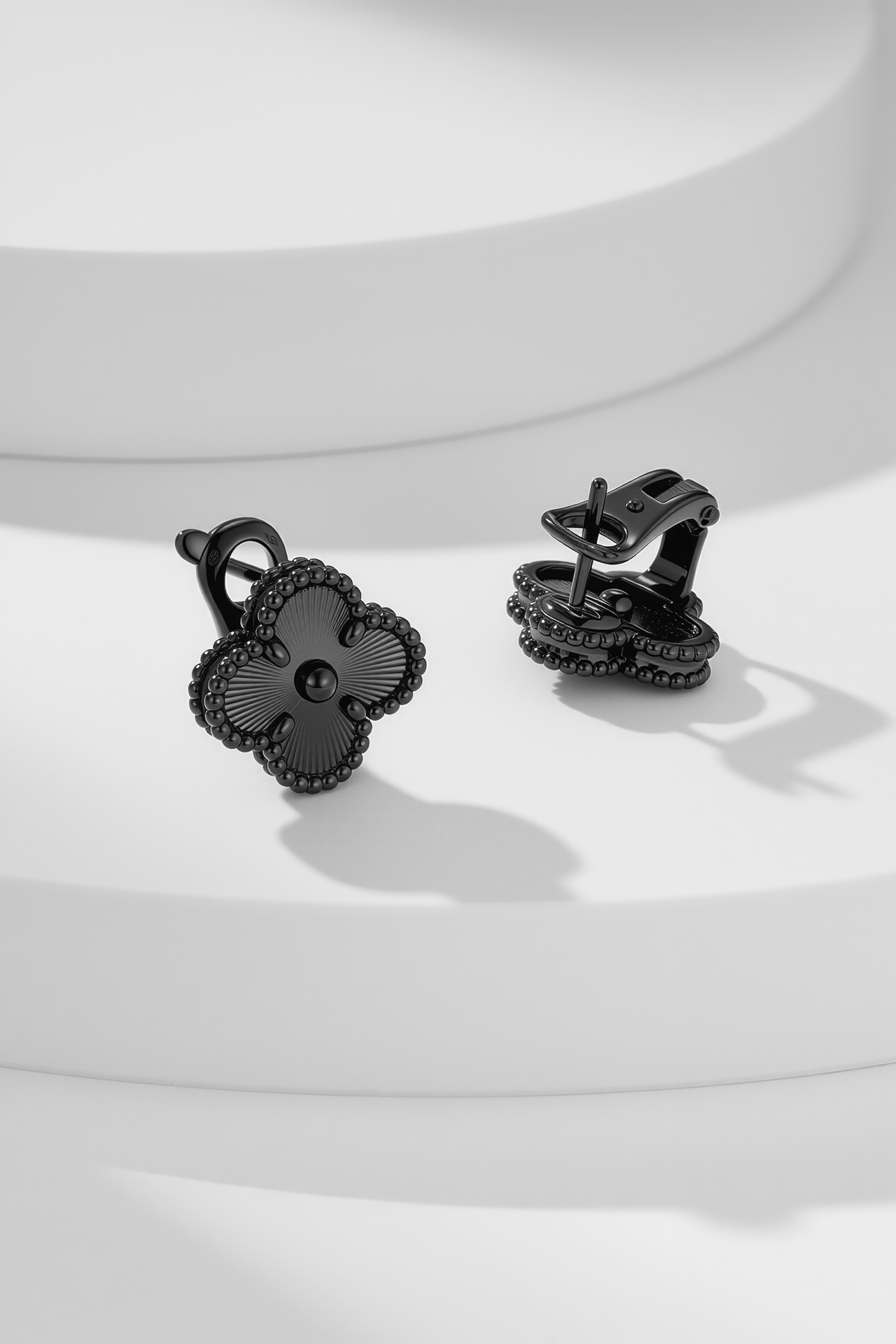 Van Cleef Arpels Vintage Alhambra earrings black rhodium plated metal no gemstones 15mm motif diameter