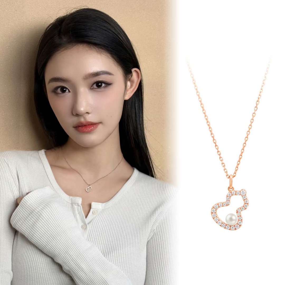 Qeelin Wulu necklace rose gold metal clear diamond accents white freshwater pearl 42cm with 2cm extender