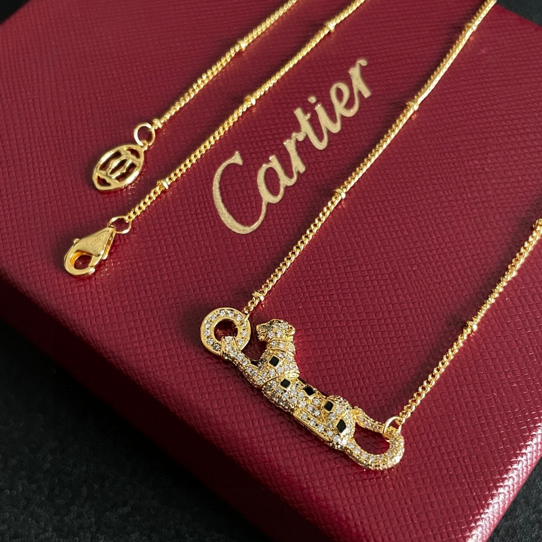 Cartier Panthere de Cartier necklace 18K yellow gold clear diamond pave black onyx spots 42cm with 5cm extender