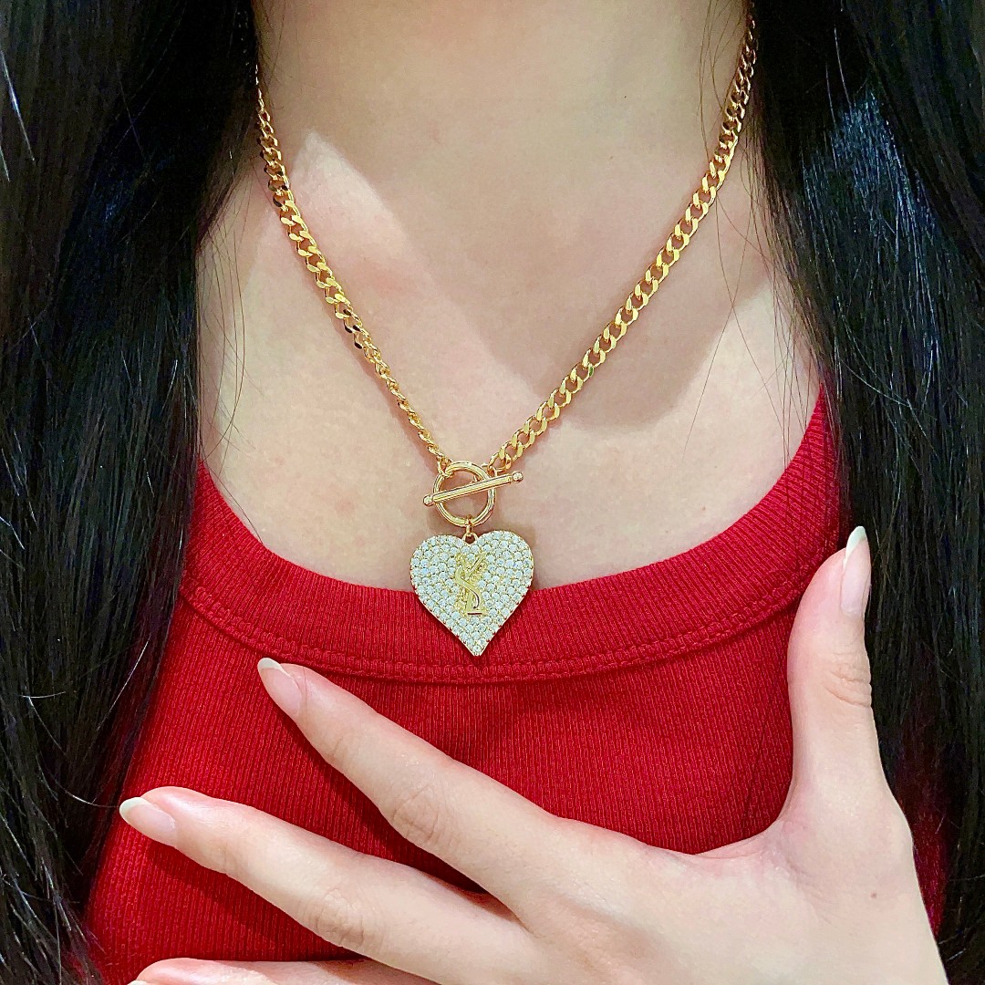 Saint Laurent YSL Logo Pave Heart Toggle Necklace necklace Gold-tone metal with clear pave crystals 45cm