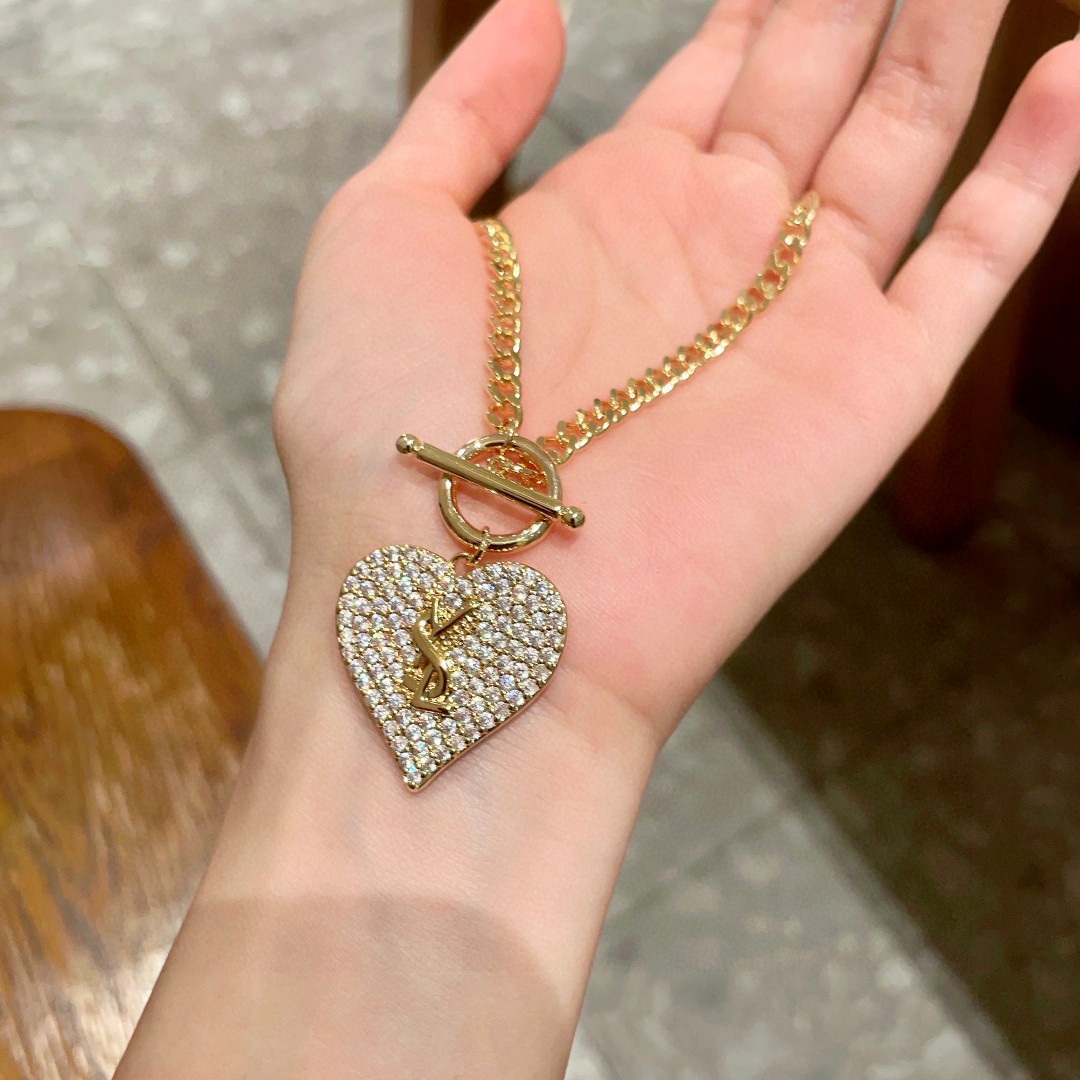 Saint Laurent YSL Logo Pave Heart Toggle Necklace necklace Gold-tone metal with clear pave crystals 45cm