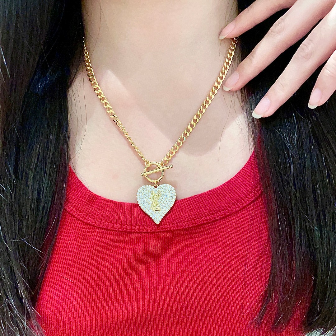 Saint Laurent YSL Logo Pave Heart Toggle Necklace necklace Gold-tone metal with clear pave crystals 45cm