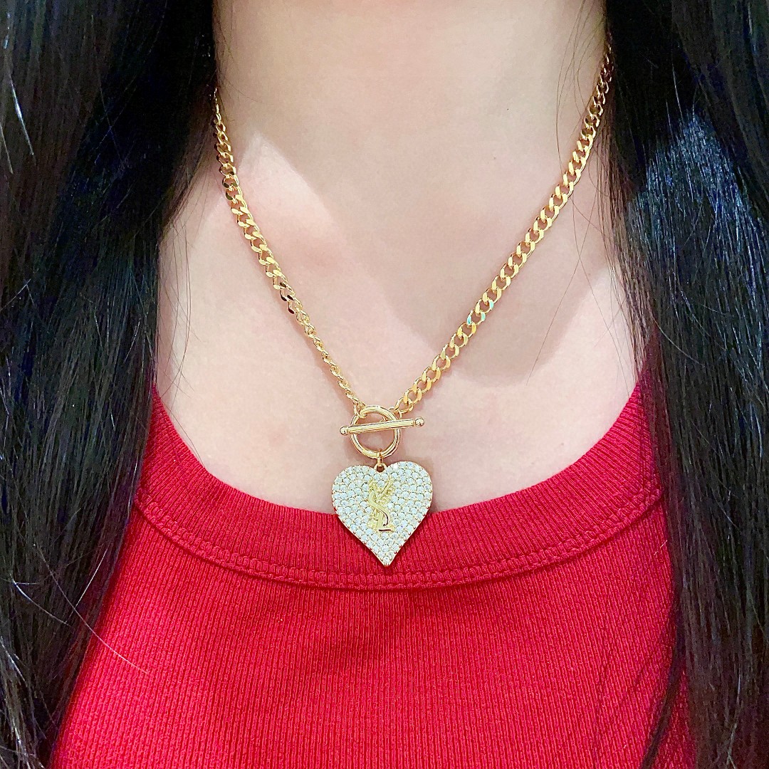 Saint Laurent YSL Logo Pave Heart Toggle Necklace necklace Gold-tone metal with clear pave crystals 45cm