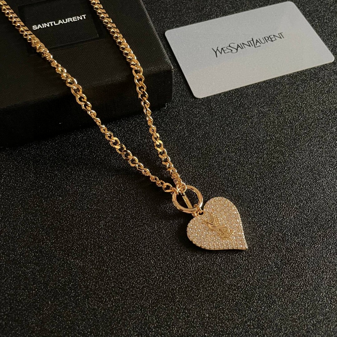 Saint Laurent YSL Logo Pave Heart Toggle Necklace necklace Gold-tone metal with clear pave crystals 45cm