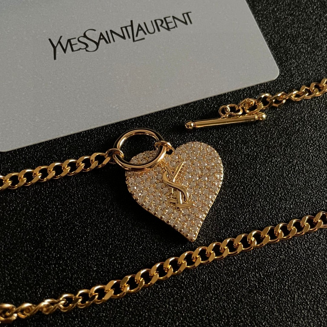 Saint Laurent YSL Logo Pave Heart Toggle Necklace necklace Gold-tone metal with clear pave crystals 45cm
