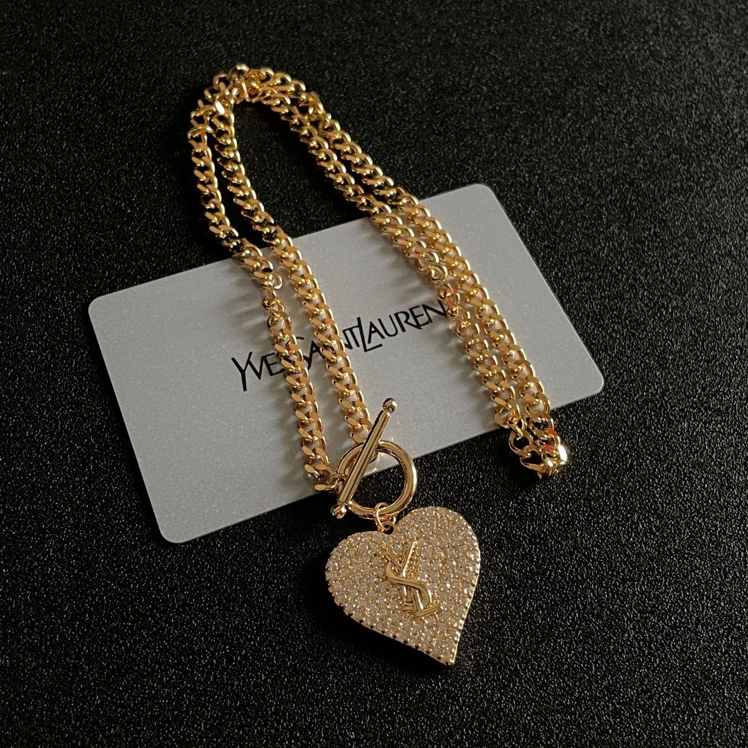 Saint Laurent YSL Logo Pave Heart Toggle Necklace necklace Gold-tone metal with clear pave crystals 45cm