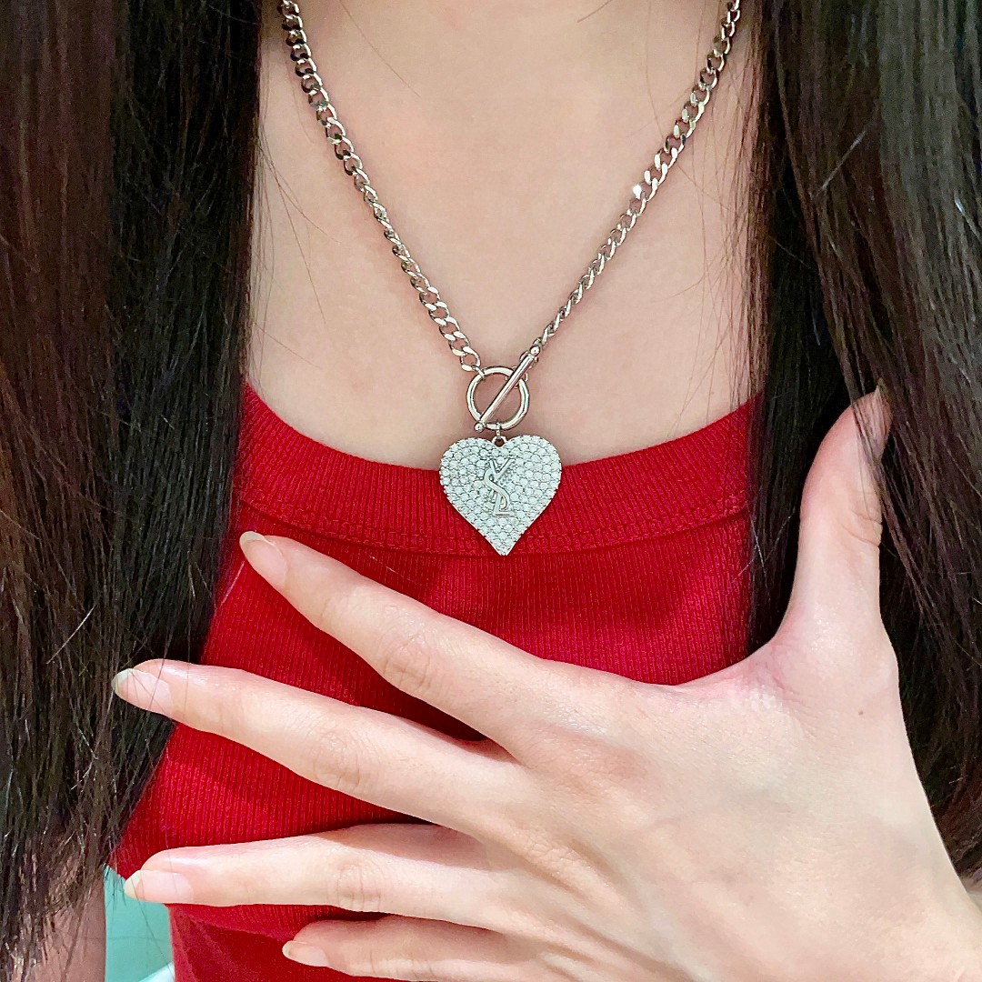 Saint Laurent YSL Logo Pave Heart Toggle Necklace necklace silver-toned metal with clear pave crystal stones 18 inches