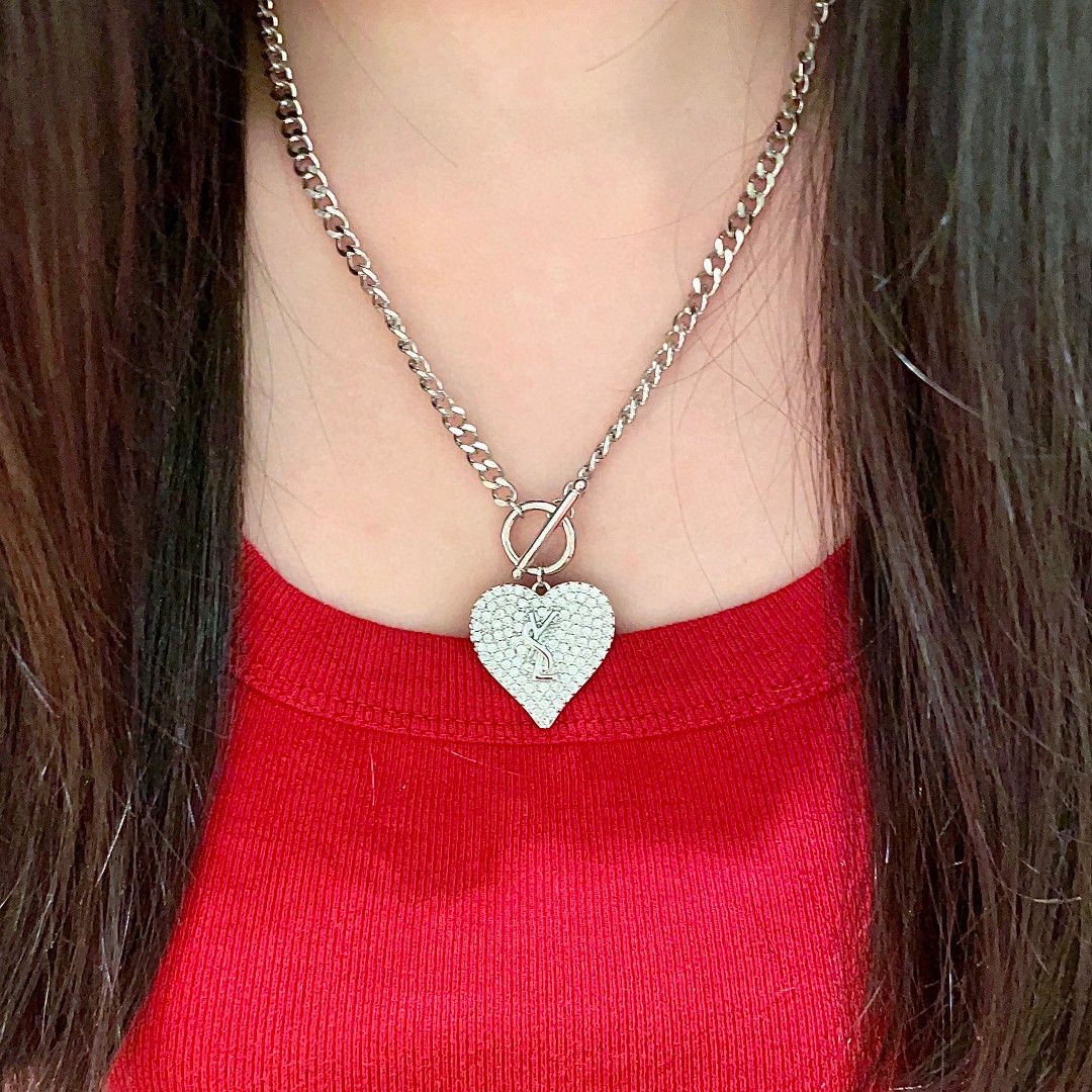 Saint Laurent YSL Logo Pave Heart Toggle Necklace necklace silver-toned metal with clear pave crystal stones 18 inches