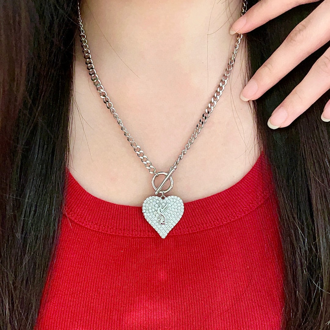 Saint Laurent YSL Logo Pave Heart Toggle Necklace necklace silver-toned metal with clear pave crystal stones 18 inches