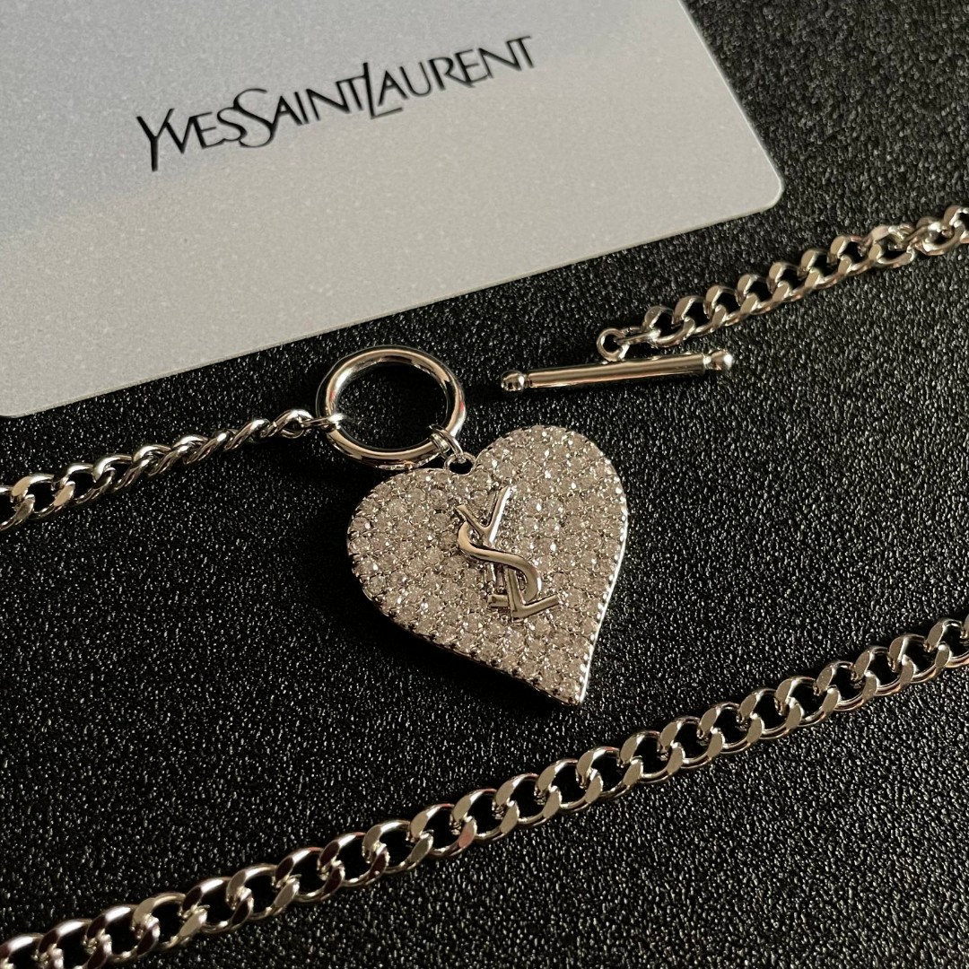 Saint Laurent YSL Logo Pave Heart Toggle Necklace necklace silver-toned metal with clear pave crystal stones 18 inches