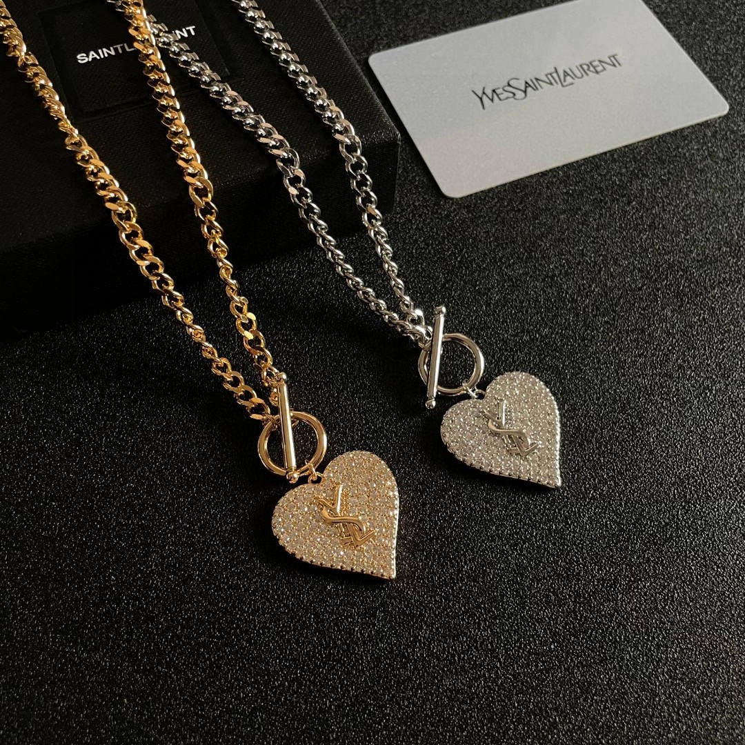 Saint Laurent YSL Logo Pave Heart Toggle Necklace necklace silver-toned metal with clear pave crystal stones 18 inches