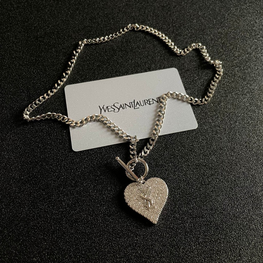 Saint Laurent YSL Logo Pave Heart Toggle Necklace necklace silver-toned metal with clear pave crystal stones 18 inches