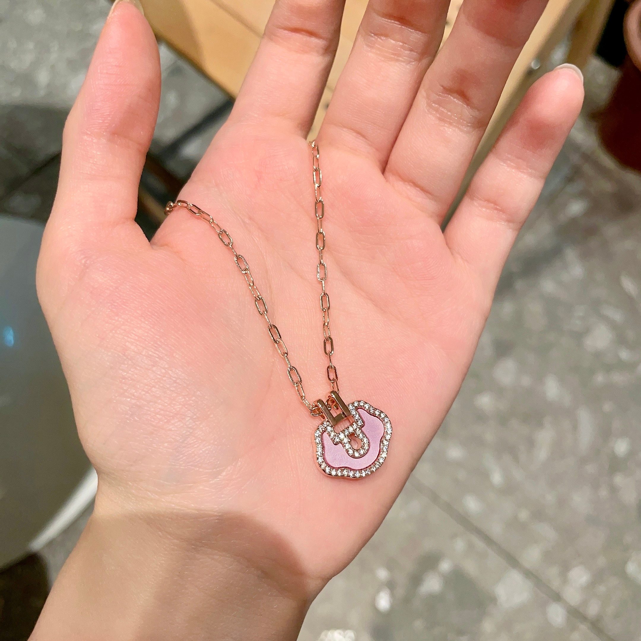 Qeelin Yu Yi Mini Ruyi Lock necklace Rose gold metal pale pink enamel clear diamond accents 42cm