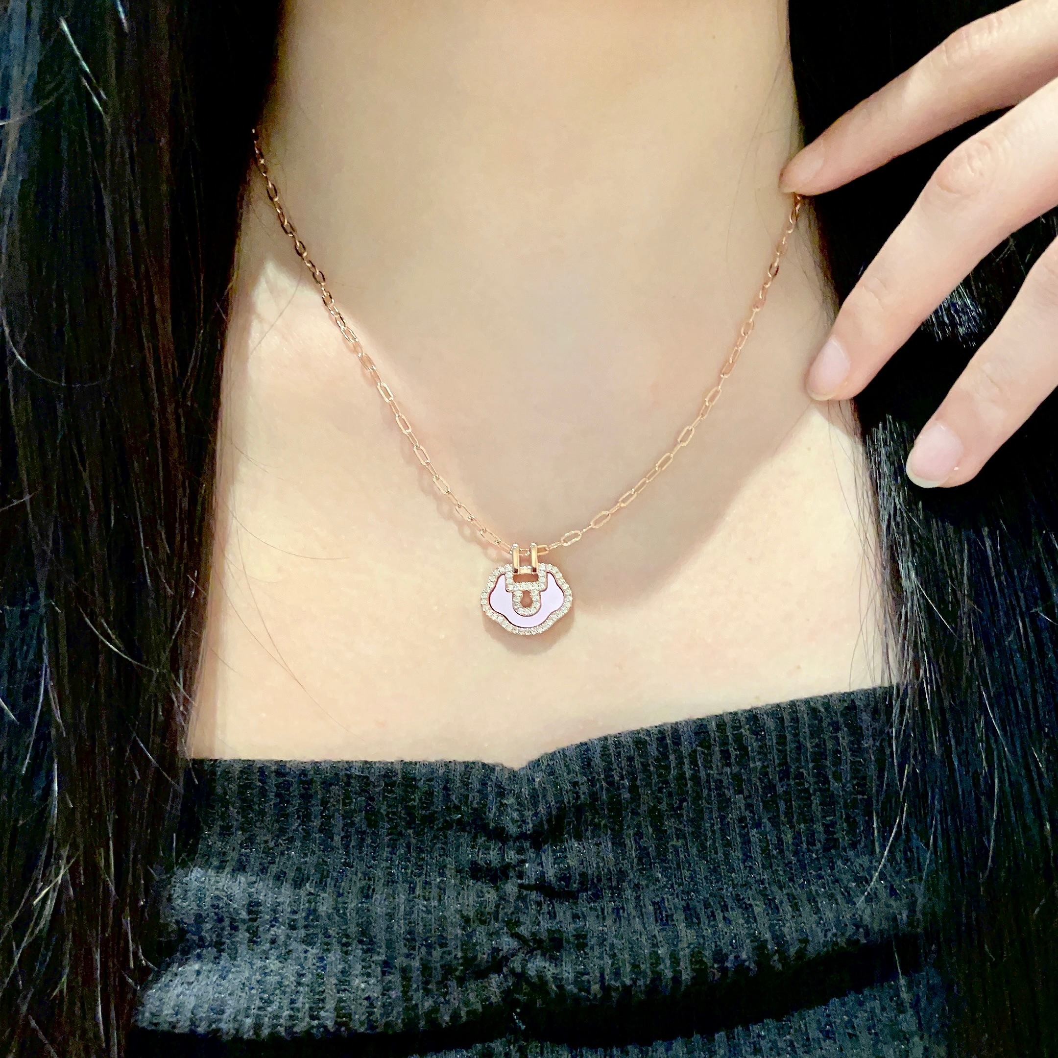 Qeelin Yu Yi Mini Ruyi Lock necklace Rose gold metal pale pink enamel clear diamond accents 42cm