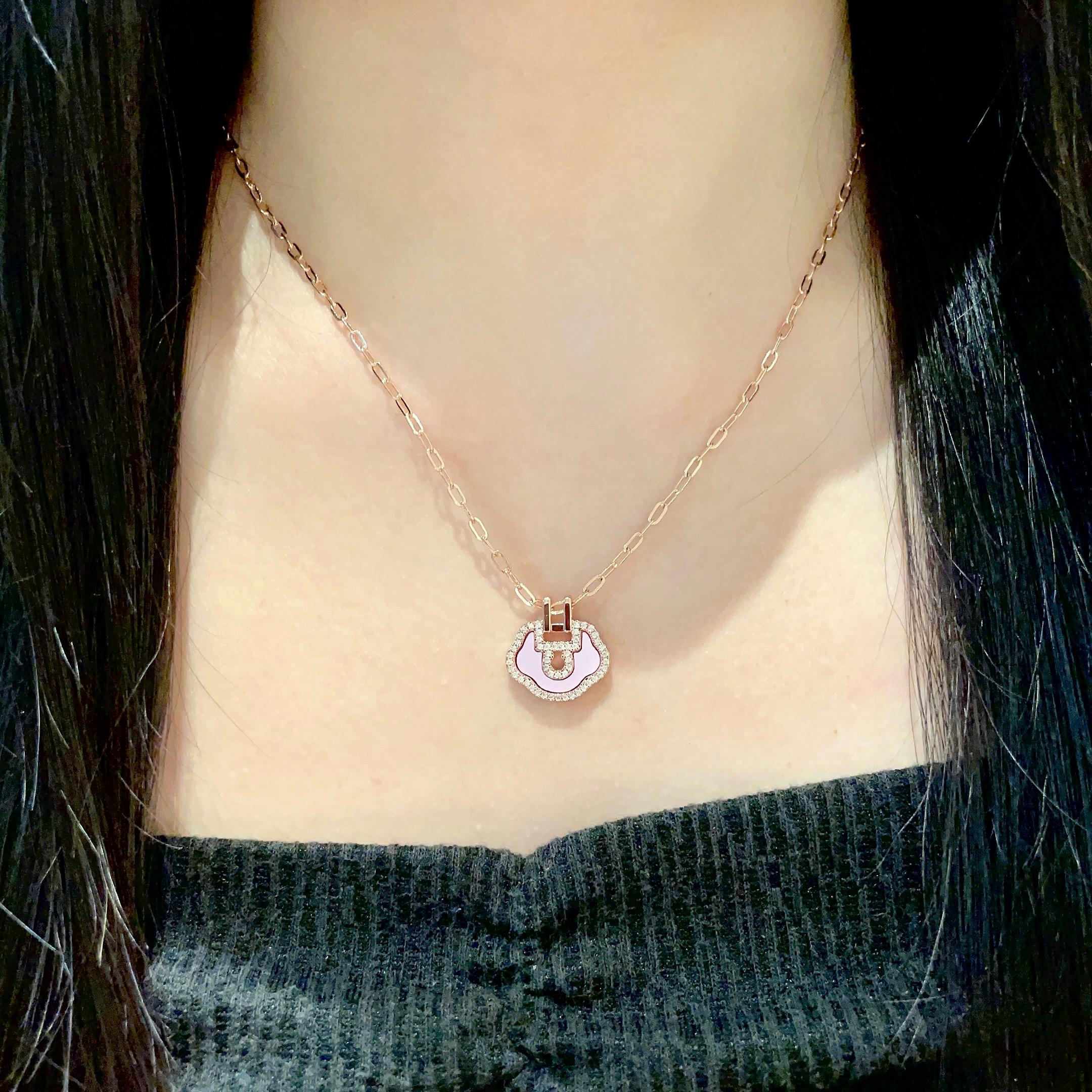 Qeelin Yu Yi Mini Ruyi Lock necklace Rose gold metal pale pink enamel clear diamond accents 42cm