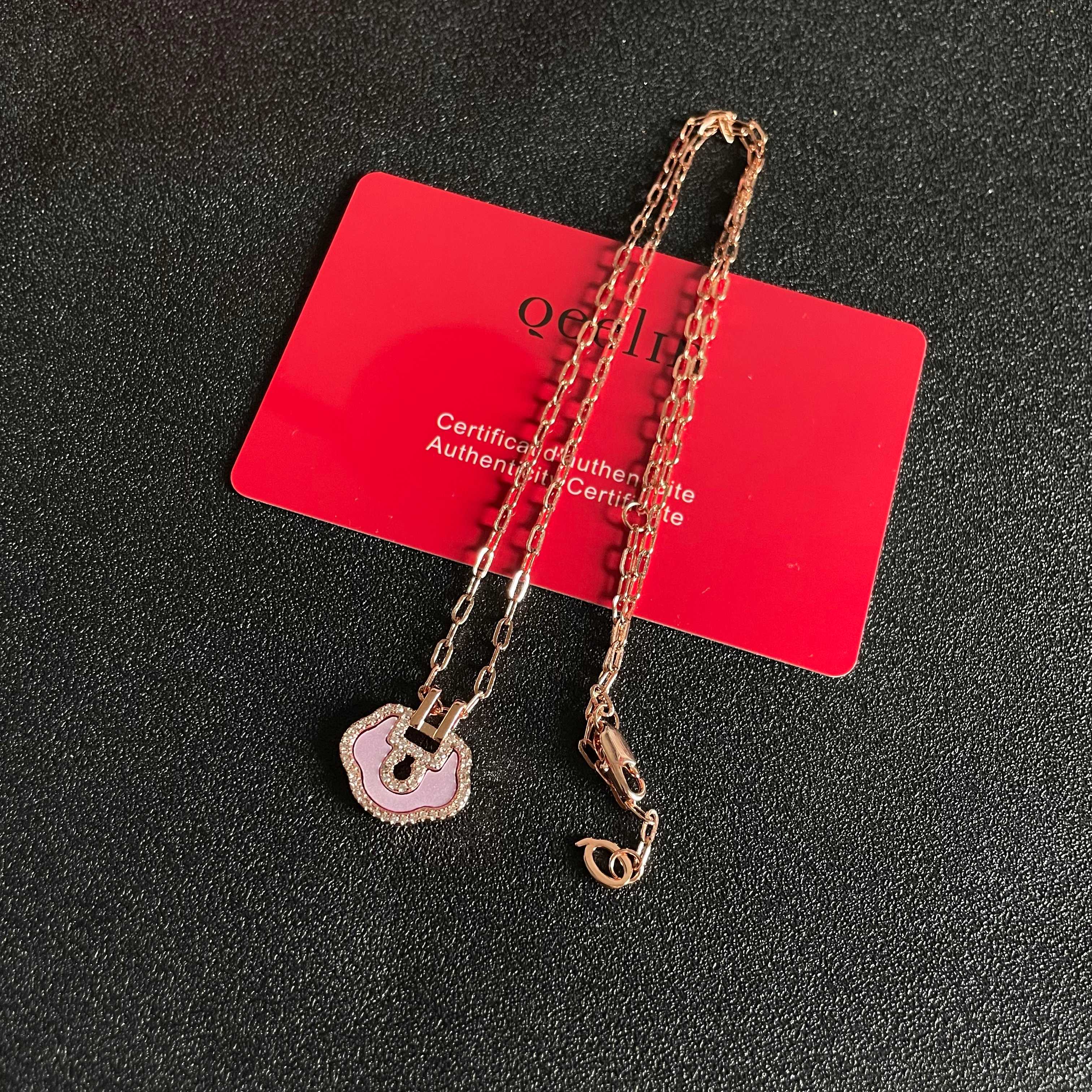 Qeelin Yu Yi Mini Ruyi Lock necklace Rose gold metal pale pink enamel clear diamond accents 42cm