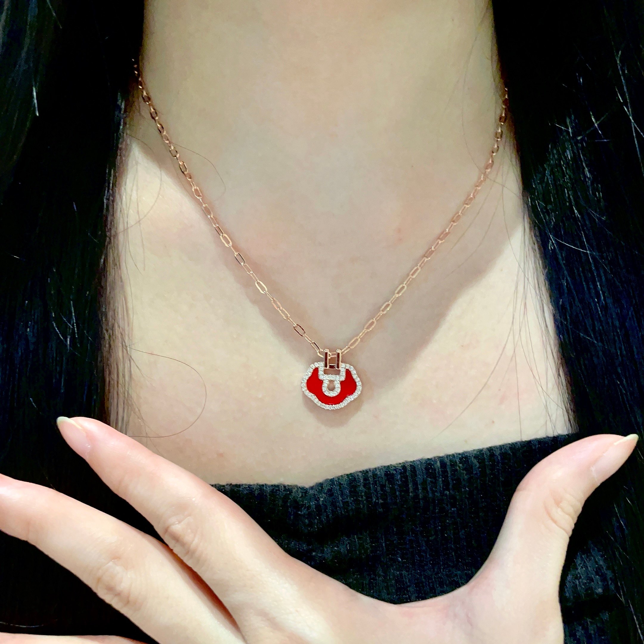 Qeelin Yu Yi Mini Ruyi necklace 18K rose gold red carnelian diamond 42cm