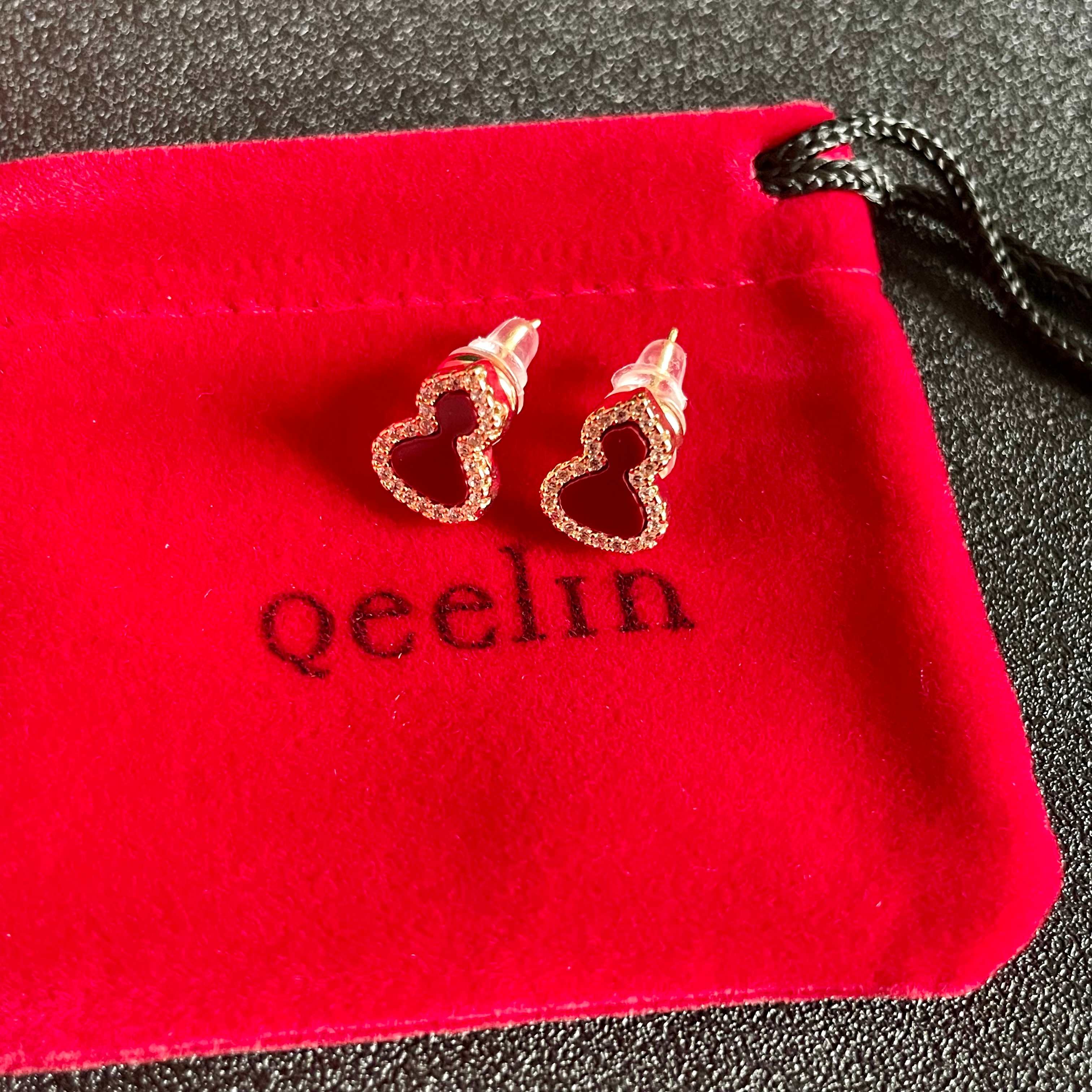 Qeelin Wulu Mini Gourd earrings 18k rose gold with red carnelian white mother-of-pearl and diamond accents 8mm stud length