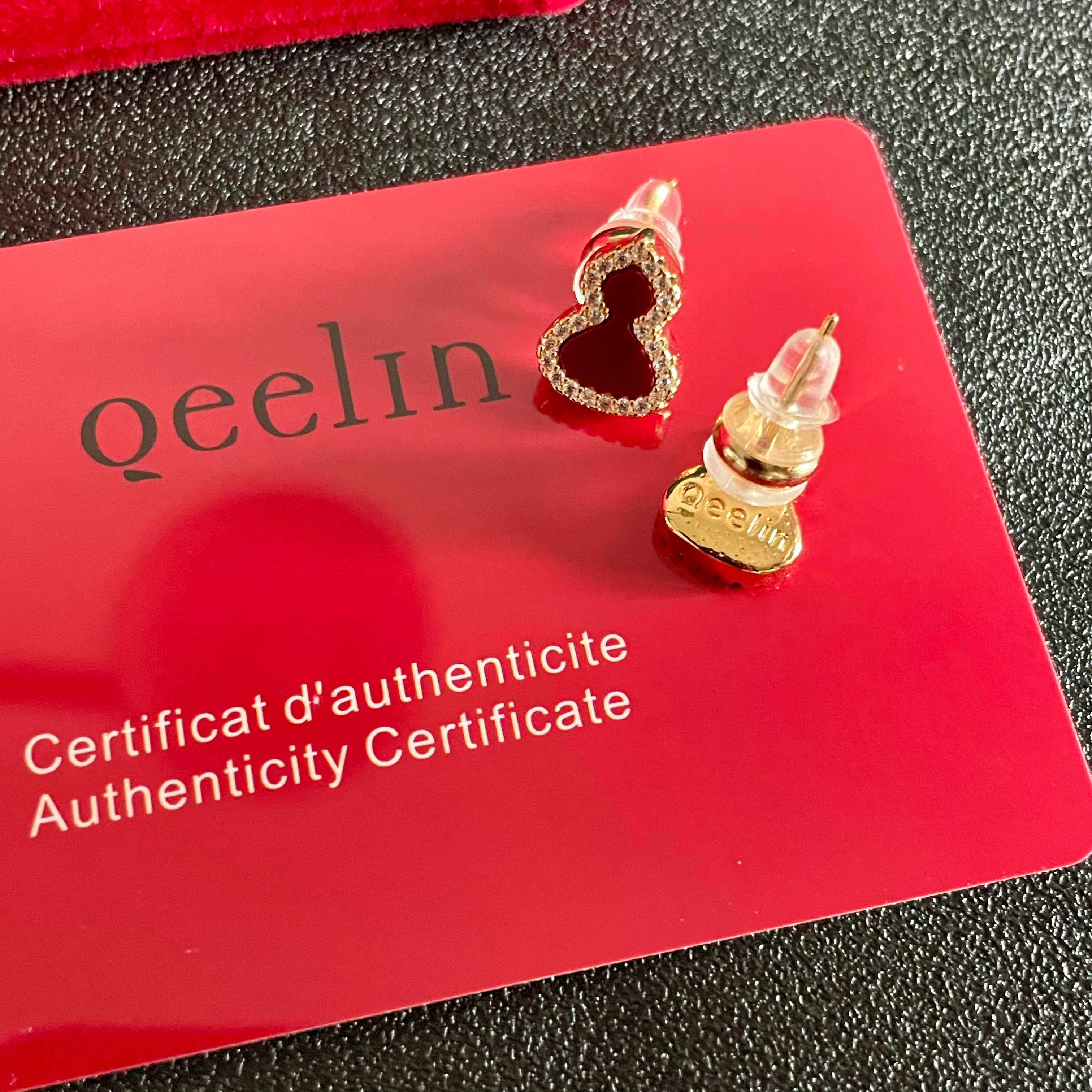 Qeelin Wulu Mini Gourd earrings 18k rose gold with red carnelian white mother-of-pearl and diamond accents 8mm stud length