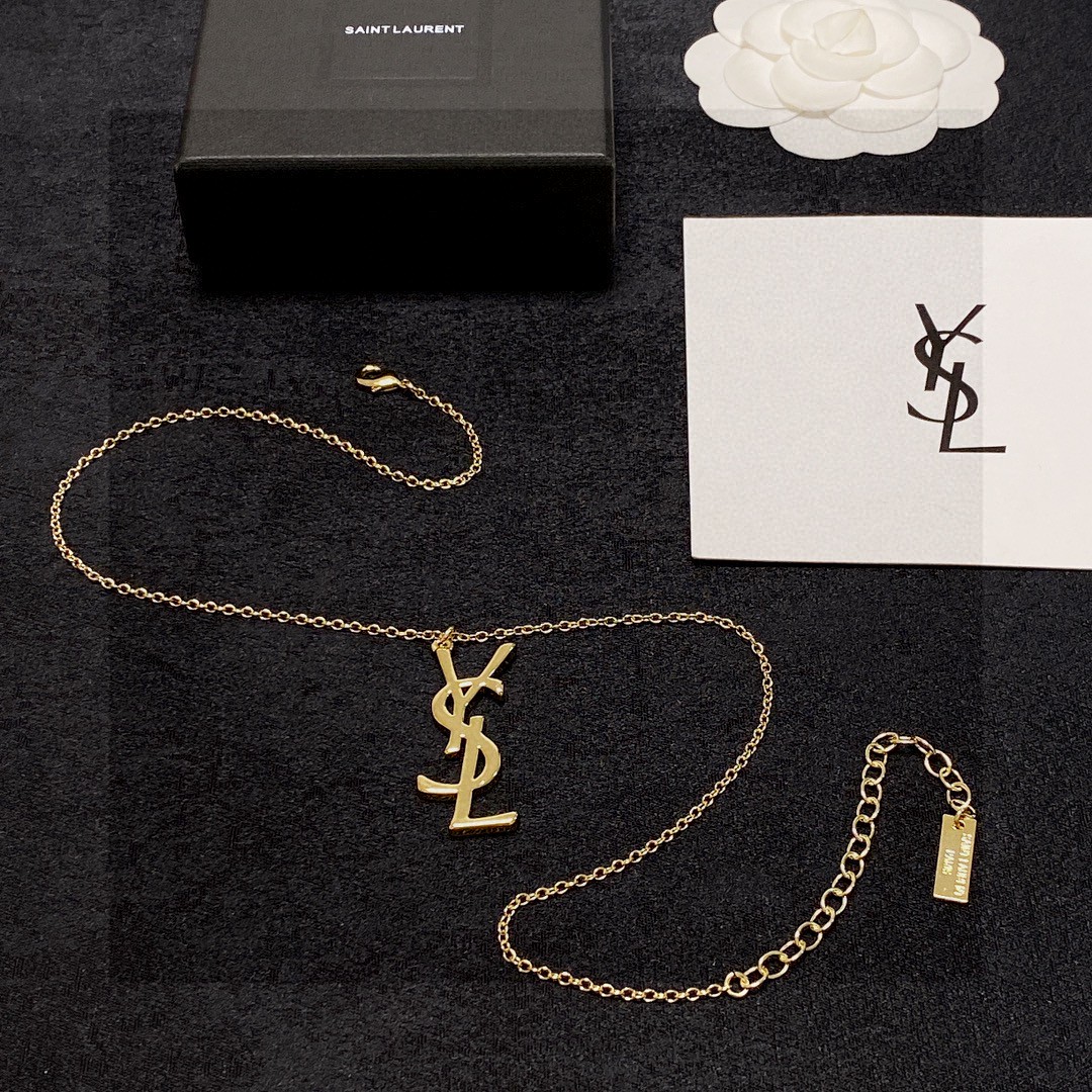 Saint Laurent Cassandre YSL Logo Pendant necklace gold-tone metal no accent stones 18 inch