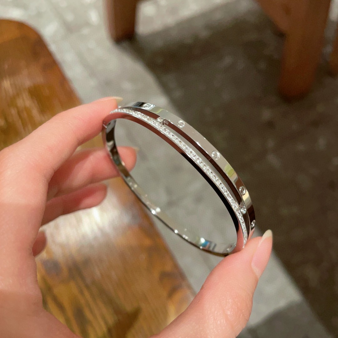 Cartier Love bracelet silver-toned metal with clear pave diamonds 17