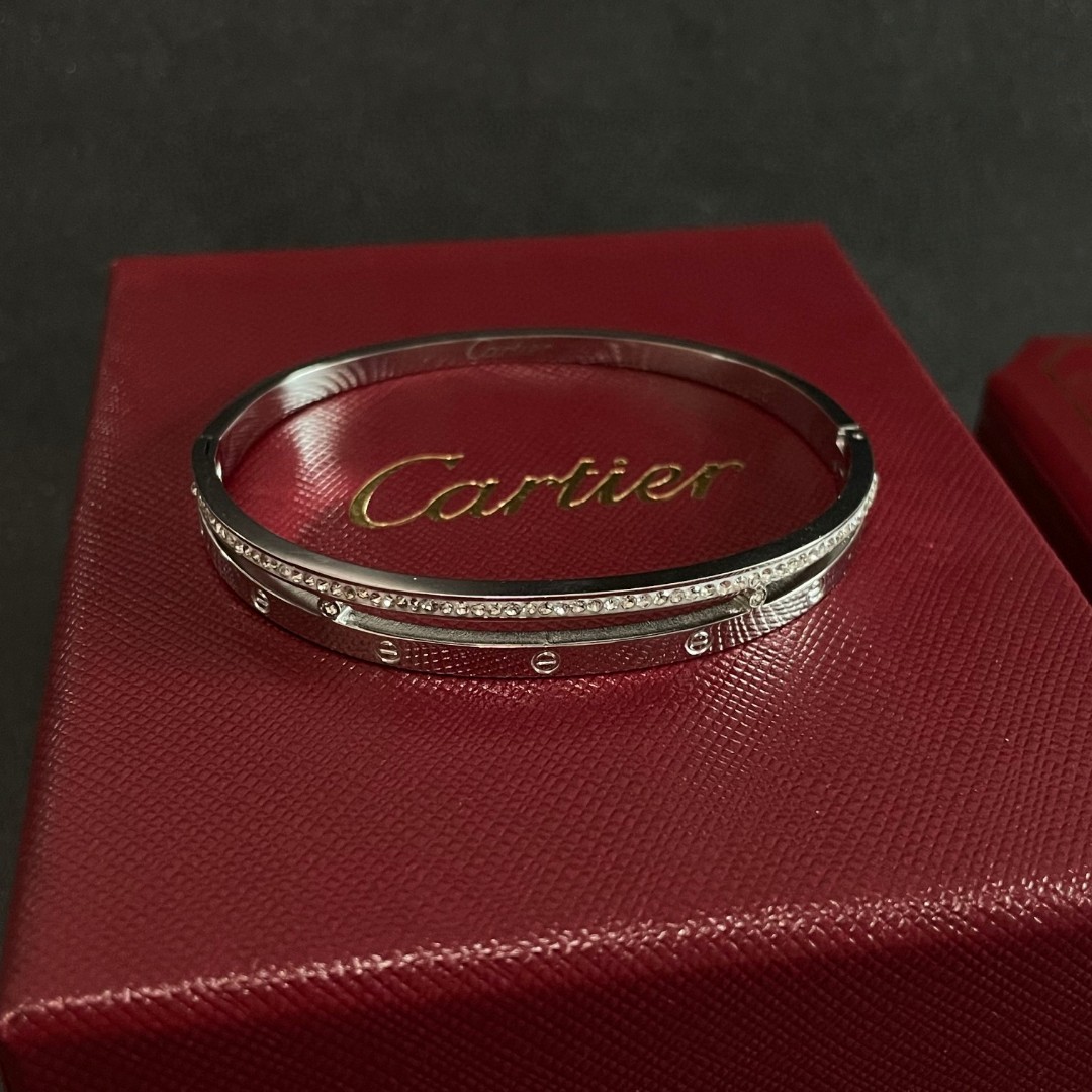 Cartier Love bracelet silver-toned metal with clear pave diamonds 17
