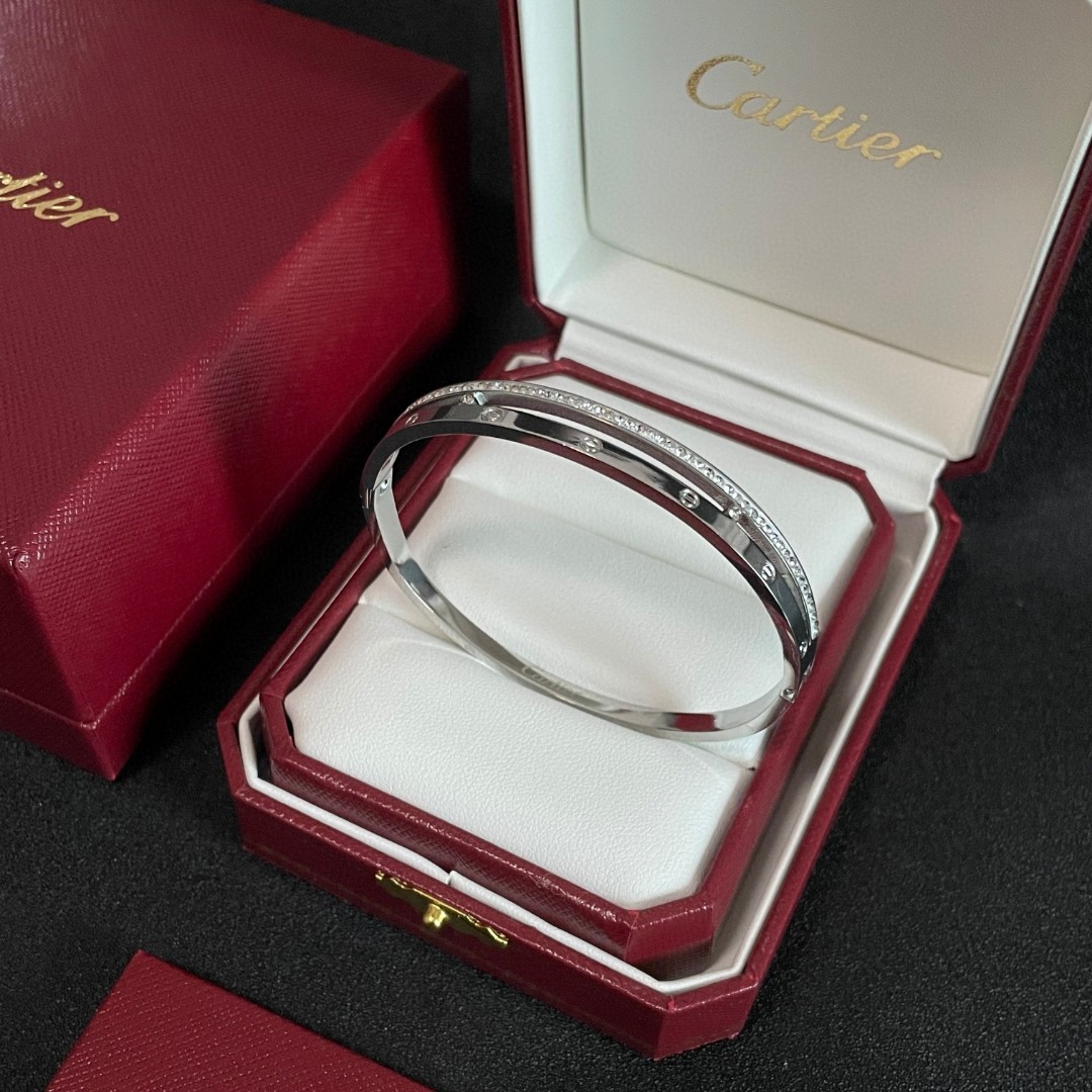 Cartier Love bracelet silver-toned metal with clear pave diamonds 17