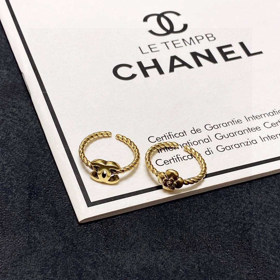 Chanel CC Camellia Twisted Open Ring Set ring antique gold tone metal adjustable open size
