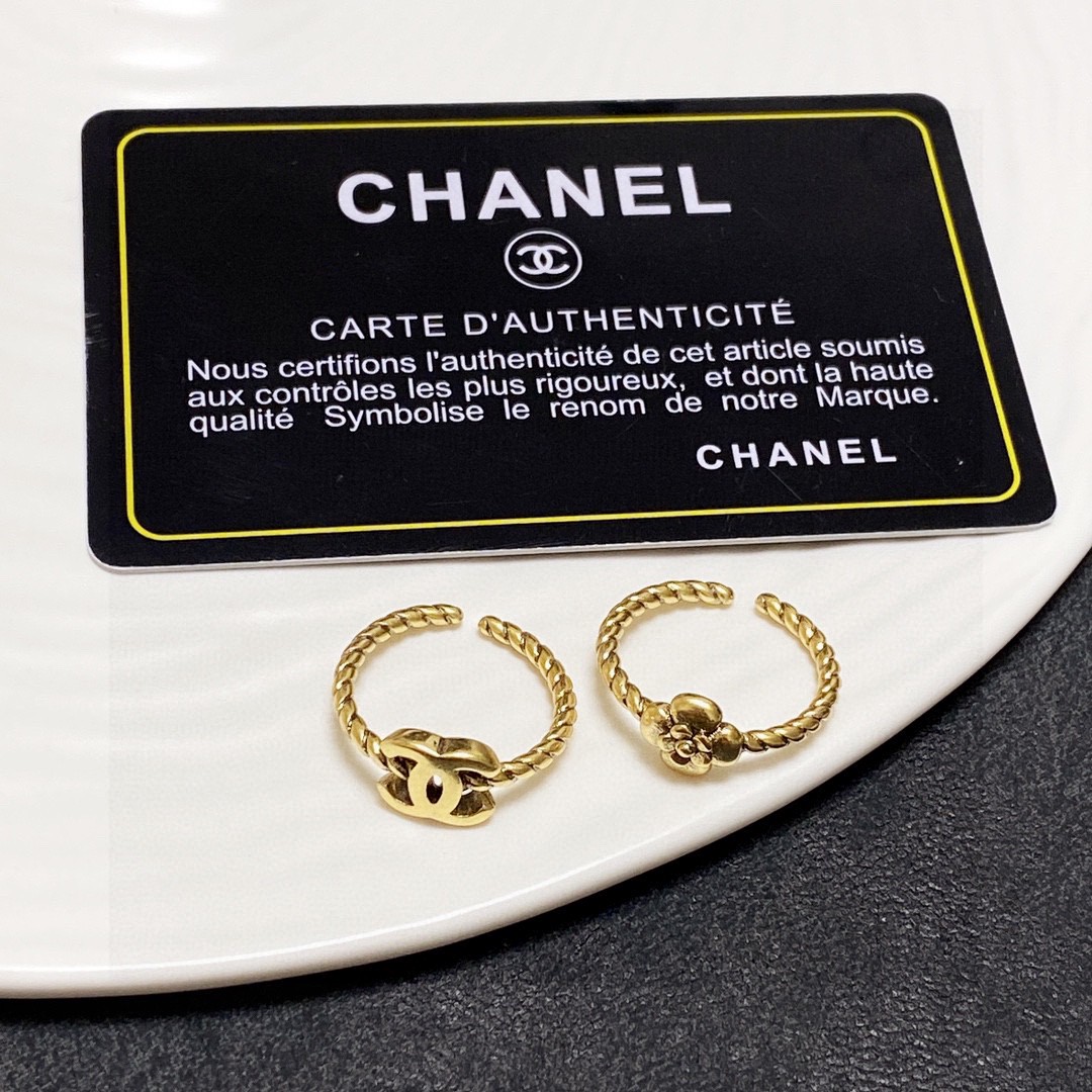 Chanel CC Camellia Twisted Open Ring Set ring antique gold tone metal adjustable open size