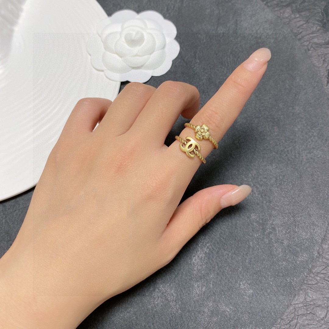 Chanel CC Camellia Twisted Open Ring Set ring antique gold tone metal adjustable open size