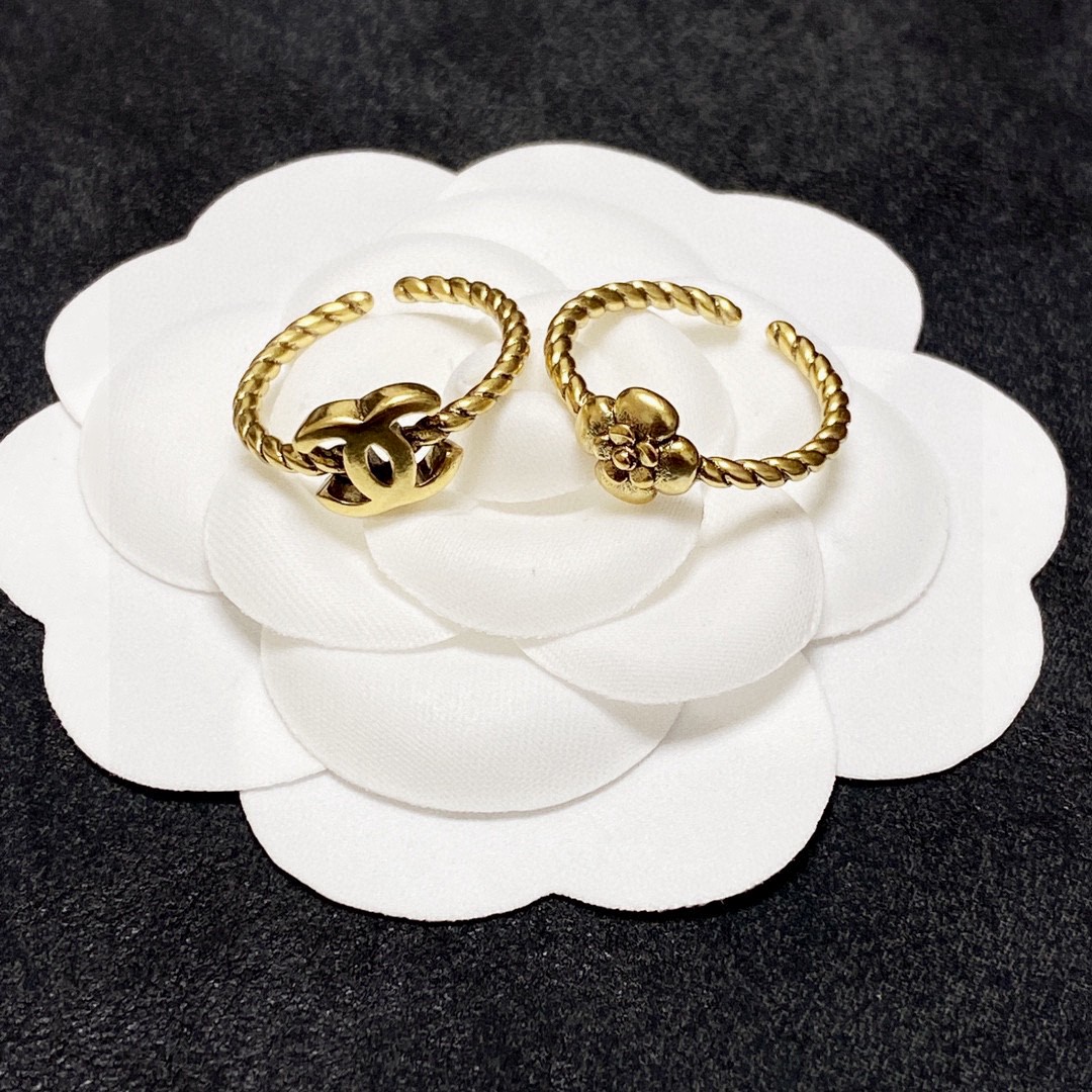 Chanel CC Camellia Twisted Open Ring Set ring antique gold tone metal adjustable open size